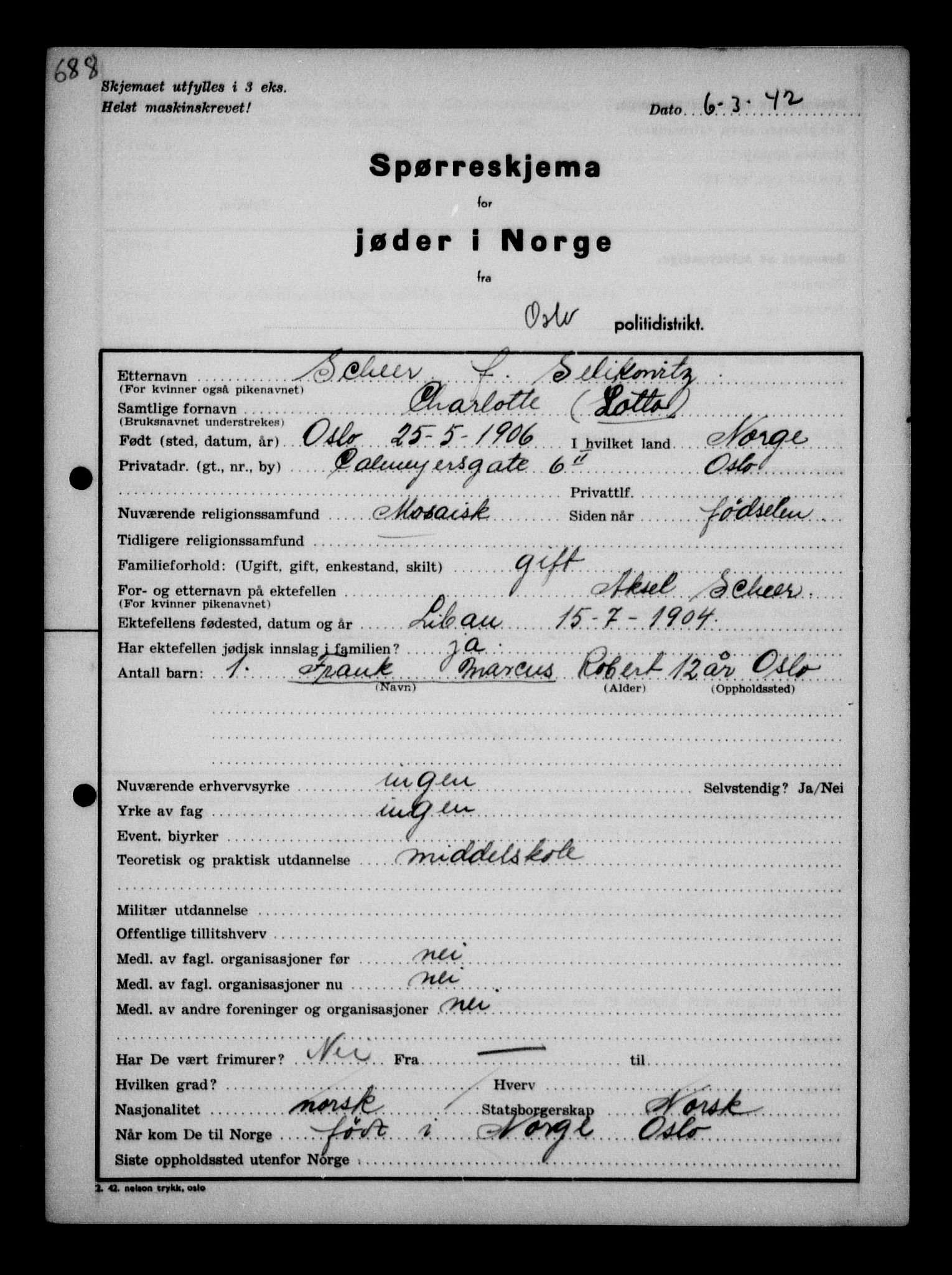 Statspolitiet - Hovedkontoret / Osloavdelingen, AV/RA-S-1329/G/Ga/L0011: Spørreskjema for jøder i Norge. 1: Oslo 610-806 (Plavnik-Zwillinger). 2: Aker 1-113 (Adler-Lewin). , 1942, p. 233