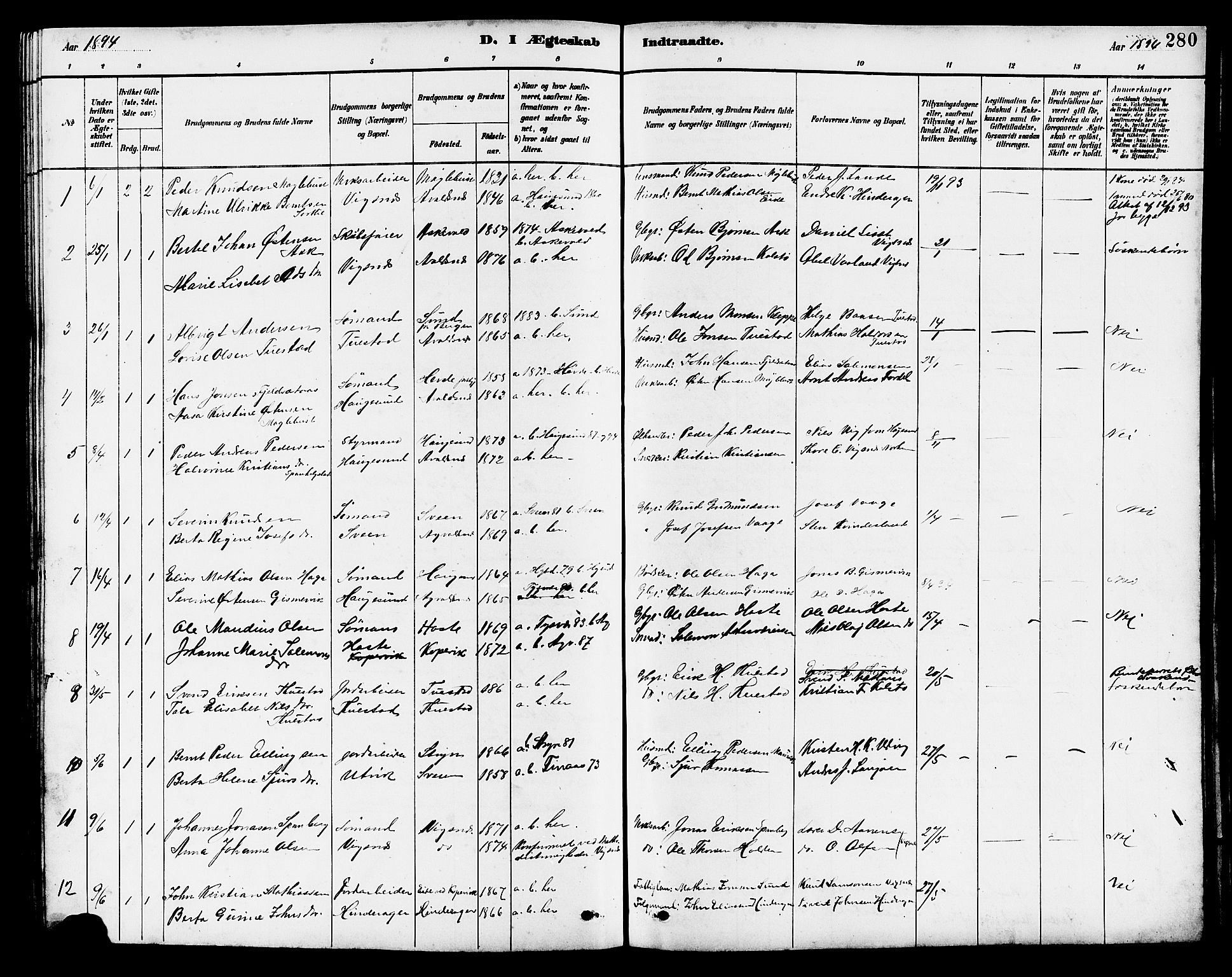 Avaldsnes sokneprestkontor, SAST/A -101851/H/Ha/Hab/L0007: Parish register (copy) no. B 7, 1885-1909, p. 280