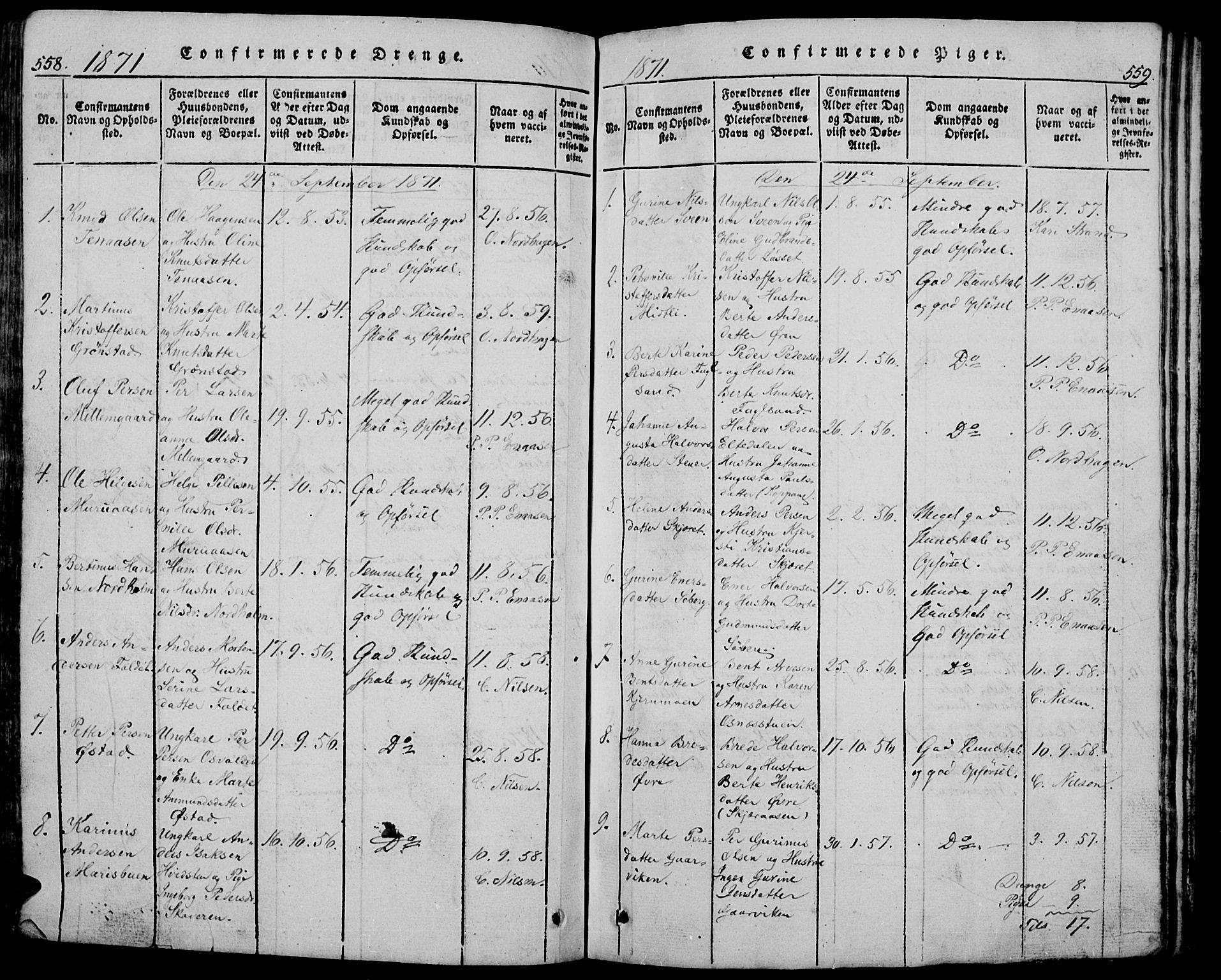 Trysil prestekontor, SAH/PREST-046/H/Ha/Hab/L0005: Parish register (copy) no. 5, 1814-1877, p. 558-559