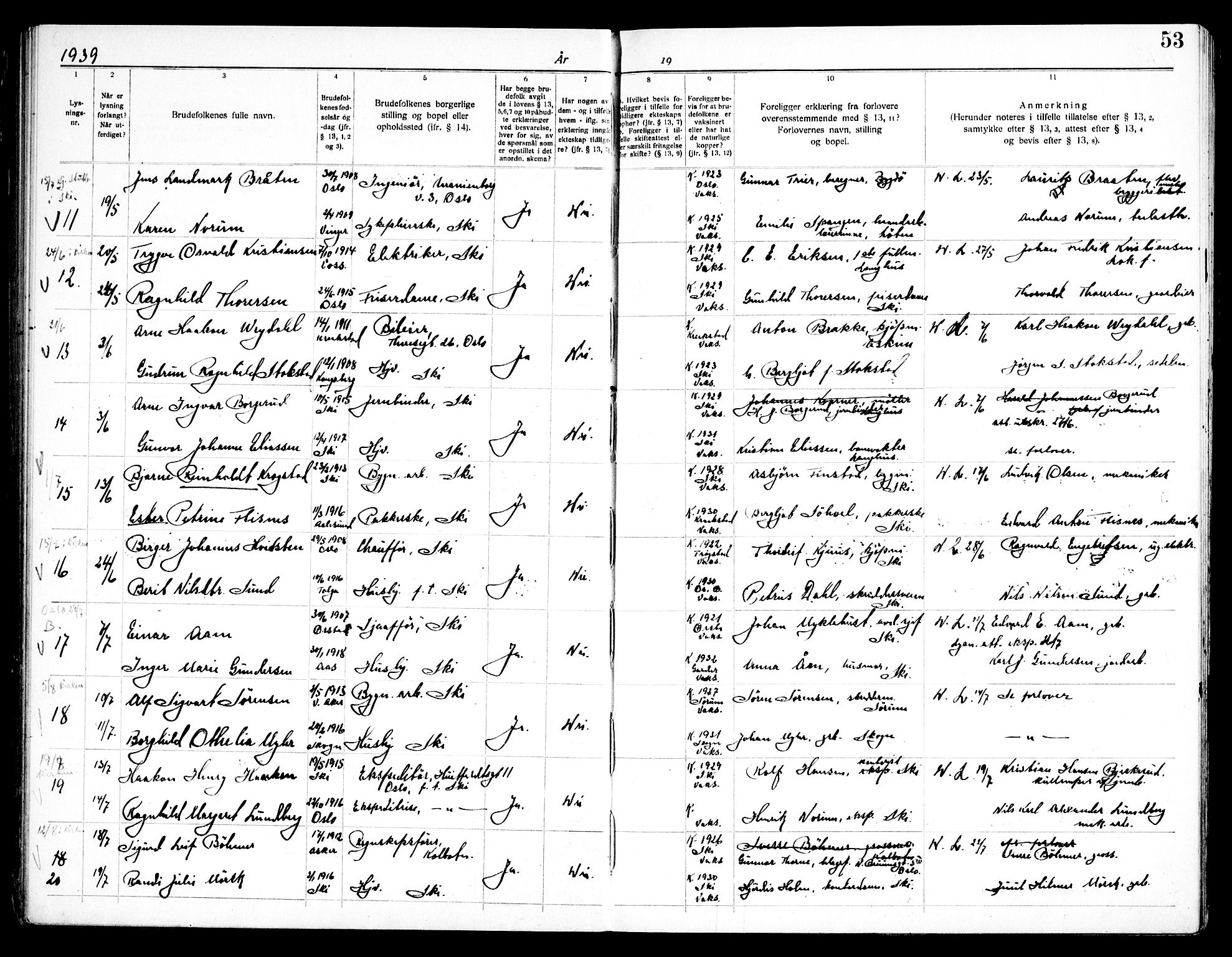 Kråkstad prestekontor Kirkebøker, SAO/A-10125a/H/Hb/L0001: Banns register no. II 1, 1919-1952, p. 53