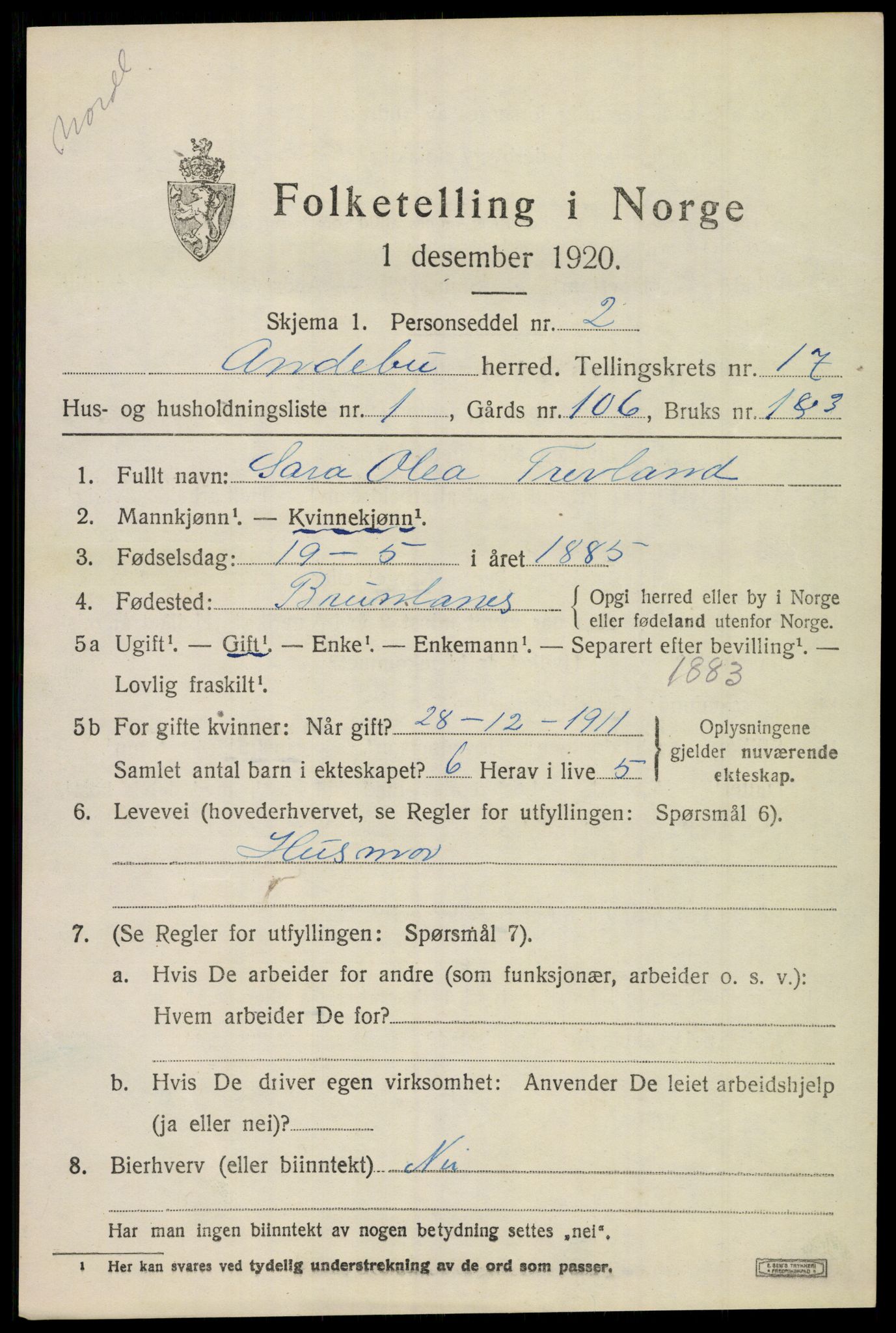 SAKO, 1920 census for Andebu, 1920, p. 5720