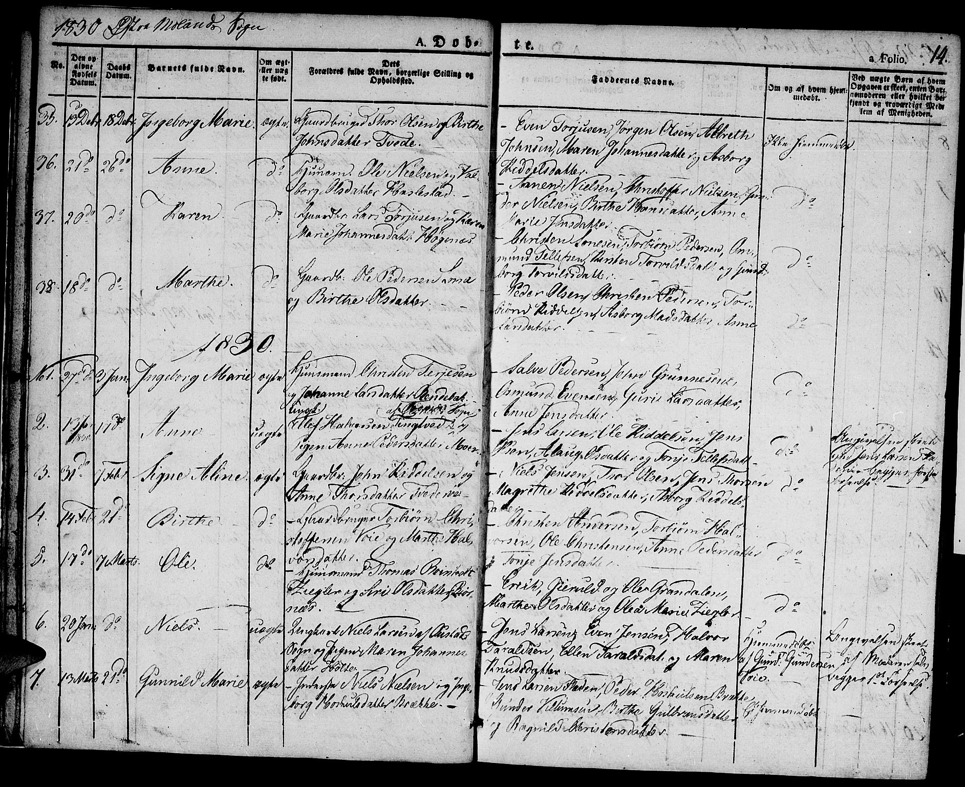 Austre Moland sokneprestkontor, SAK/1111-0001/F/Fa/Faa/L0005: Parish register (official) no. A 5, 1825-1837, p. 14