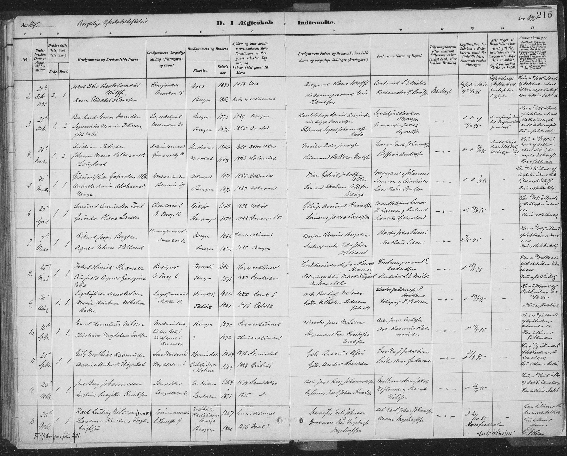 Domkirken sokneprestembete, SAB/A-74801/H/Hab/L0032: Parish register (copy) no. D 4, 1880-1907, p. 215