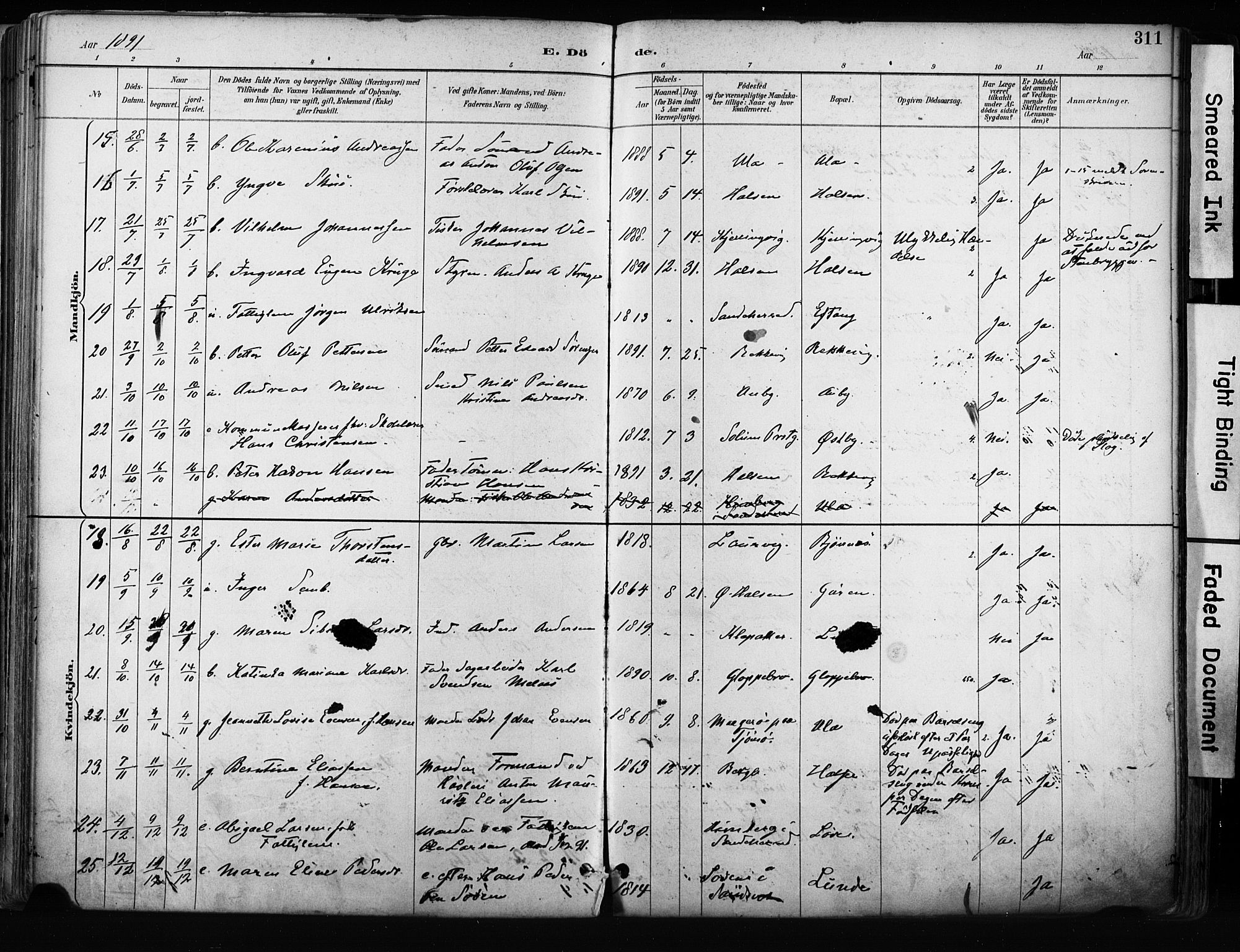 Tjølling kirkebøker, AV/SAKO-A-60/F/Fa/L0009: Parish register (official) no. 9, 1887-1905, p. 311