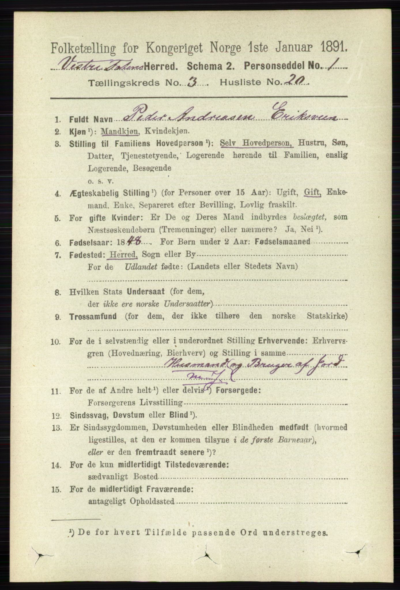 RA, 1891 census for 0529 Vestre Toten, 1891, p. 2090