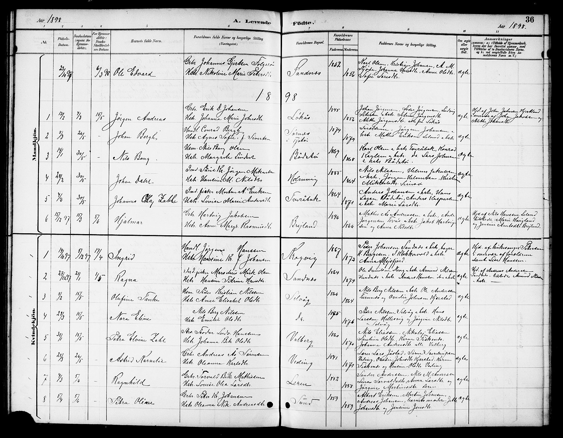 Ministerialprotokoller, klokkerbøker og fødselsregistre - Nordland, SAT/A-1459/831/L0478: Parish register (copy) no. 831C05, 1892-1909, p. 36