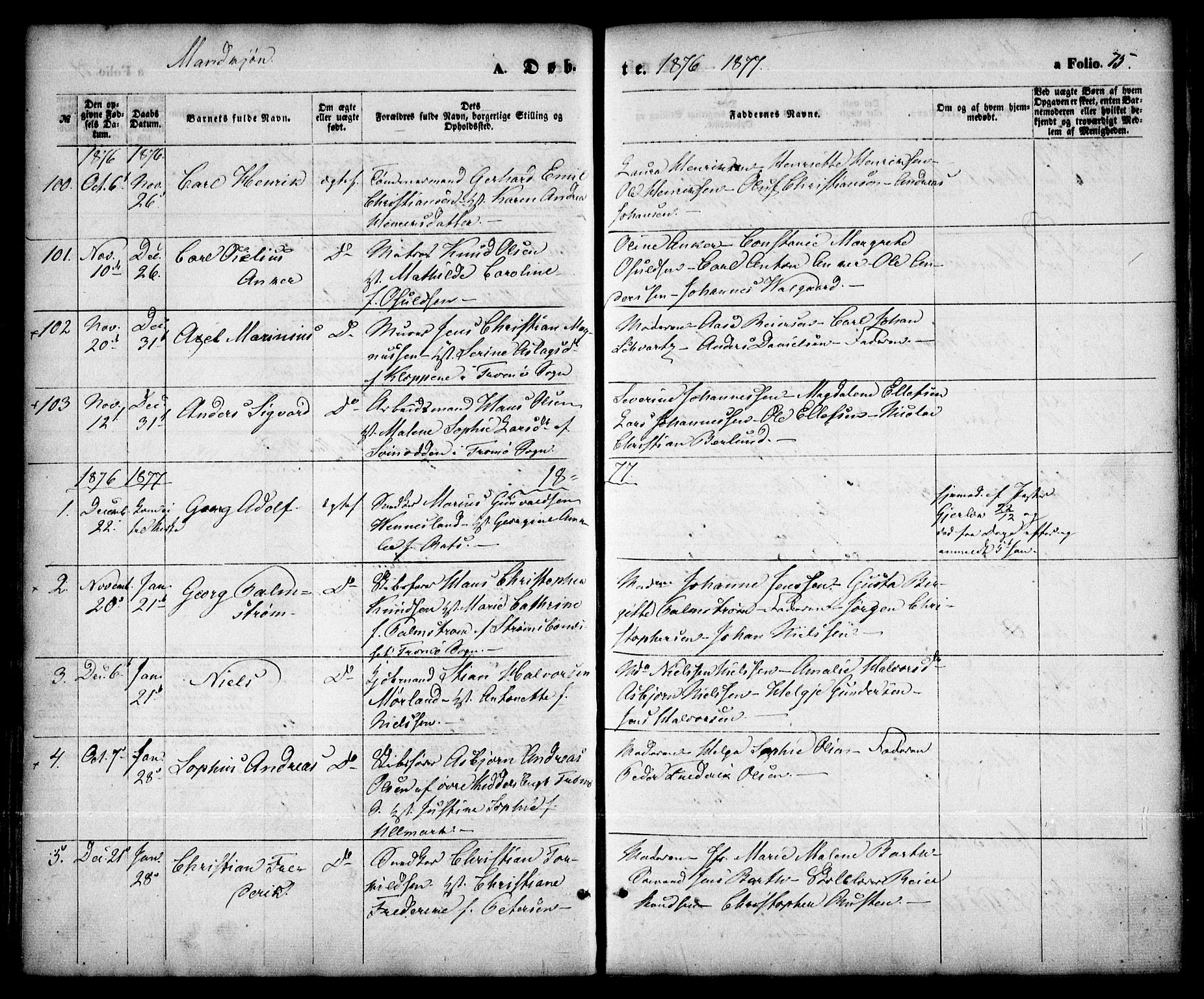 Arendal sokneprestkontor, Trefoldighet, SAK/1111-0040/F/Fa/L0007: Parish register (official) no. A 7, 1868-1878, p. 75