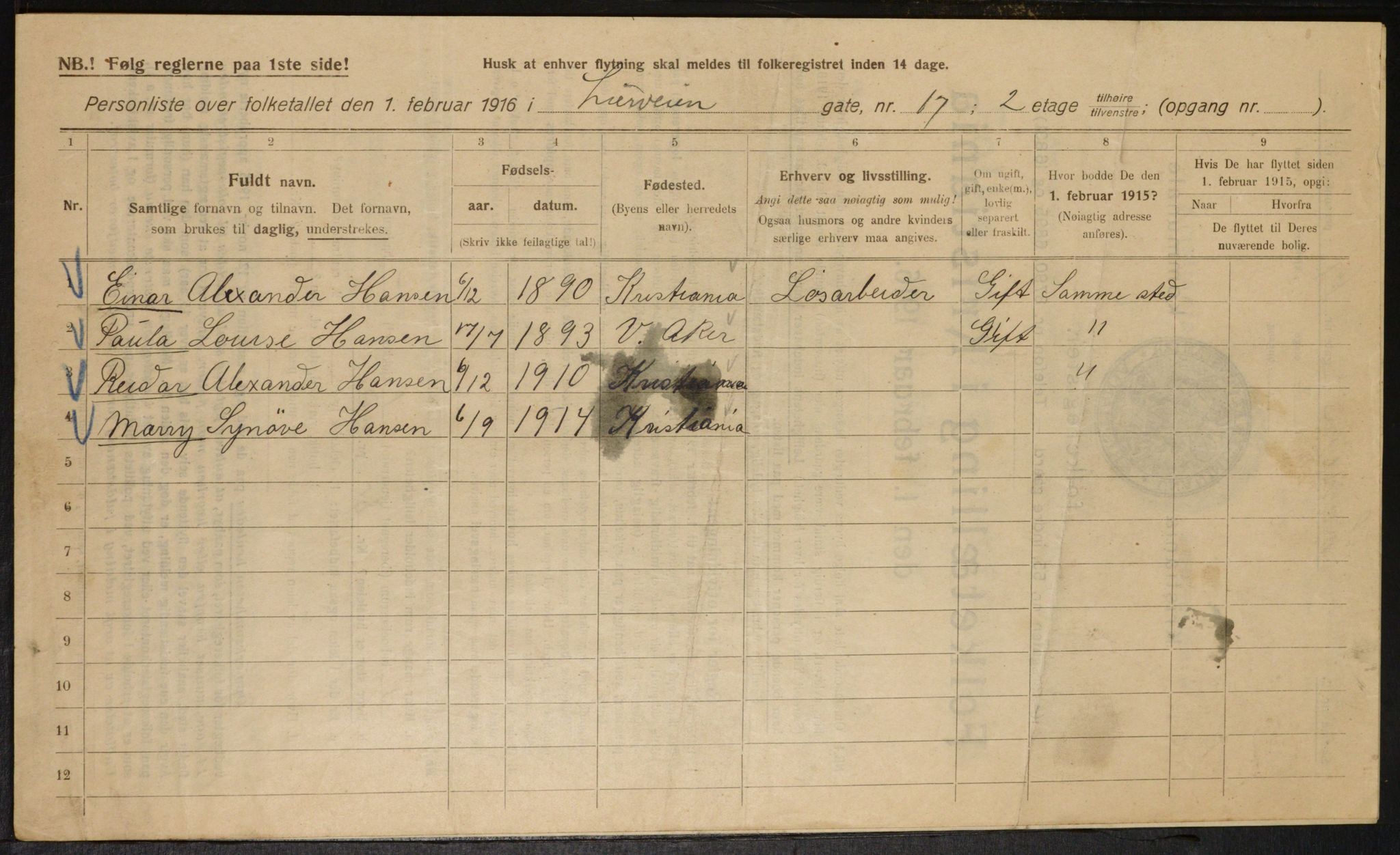 OBA, Municipal Census 1916 for Kristiania, 1916, p. 58832