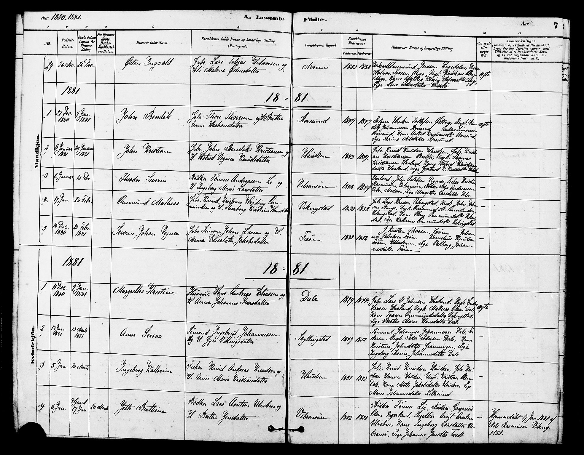 Torvastad sokneprestkontor, SAST/A -101857/H/Ha/Haa/L0014: Parish register (official) no. A 13, 1879-1888, p. 7