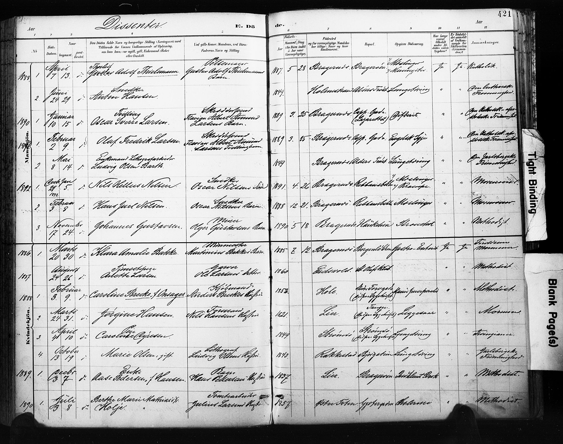 Bragernes kirkebøker, AV/SAKO-A-6/F/Fb/L0007: Parish register (official) no. II 7, 1885-1893, p. 421