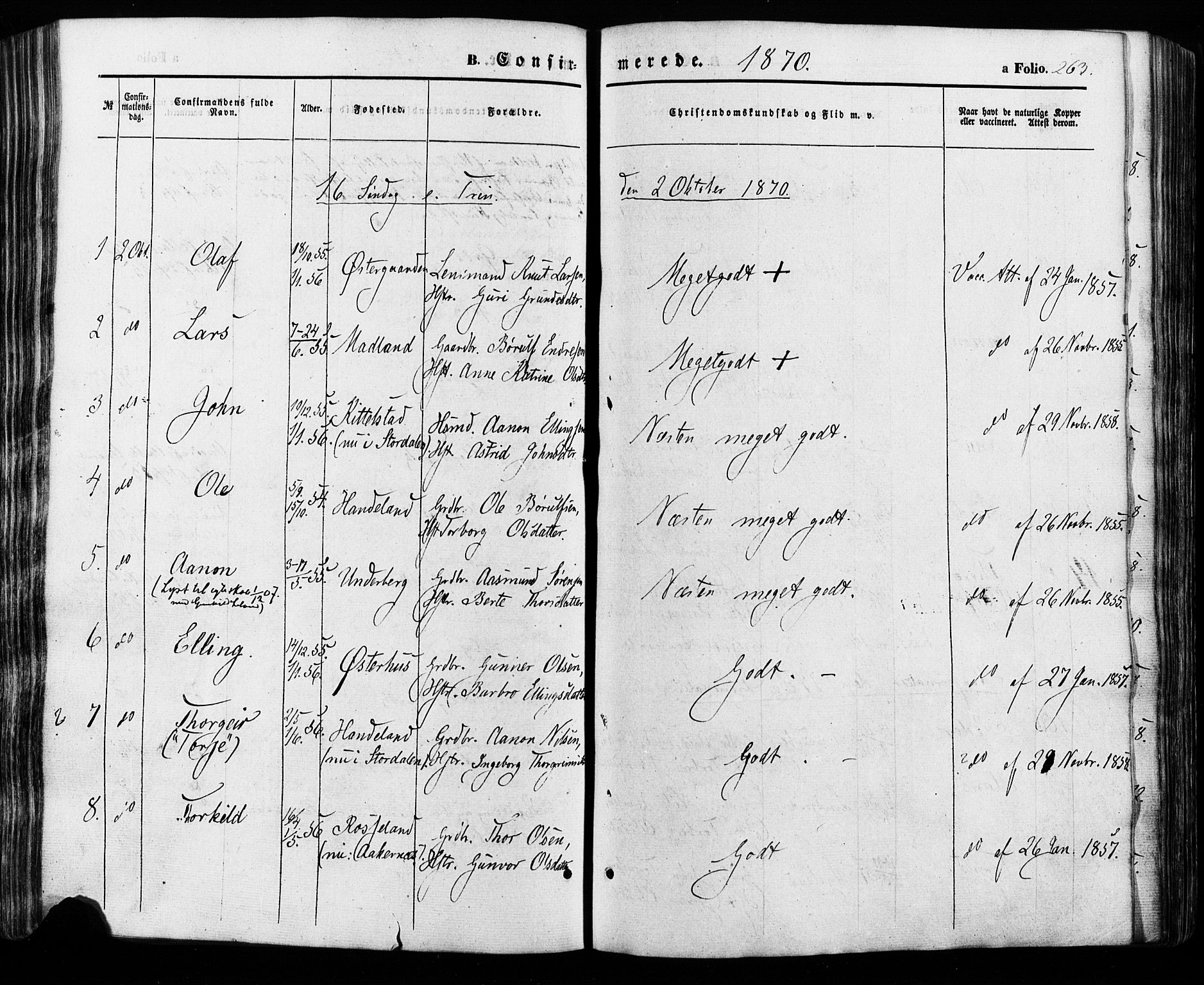 Åseral sokneprestkontor, SAK/1111-0051/F/Fa/L0002: Parish register (official) no. A 2, 1854-1884, p. 263