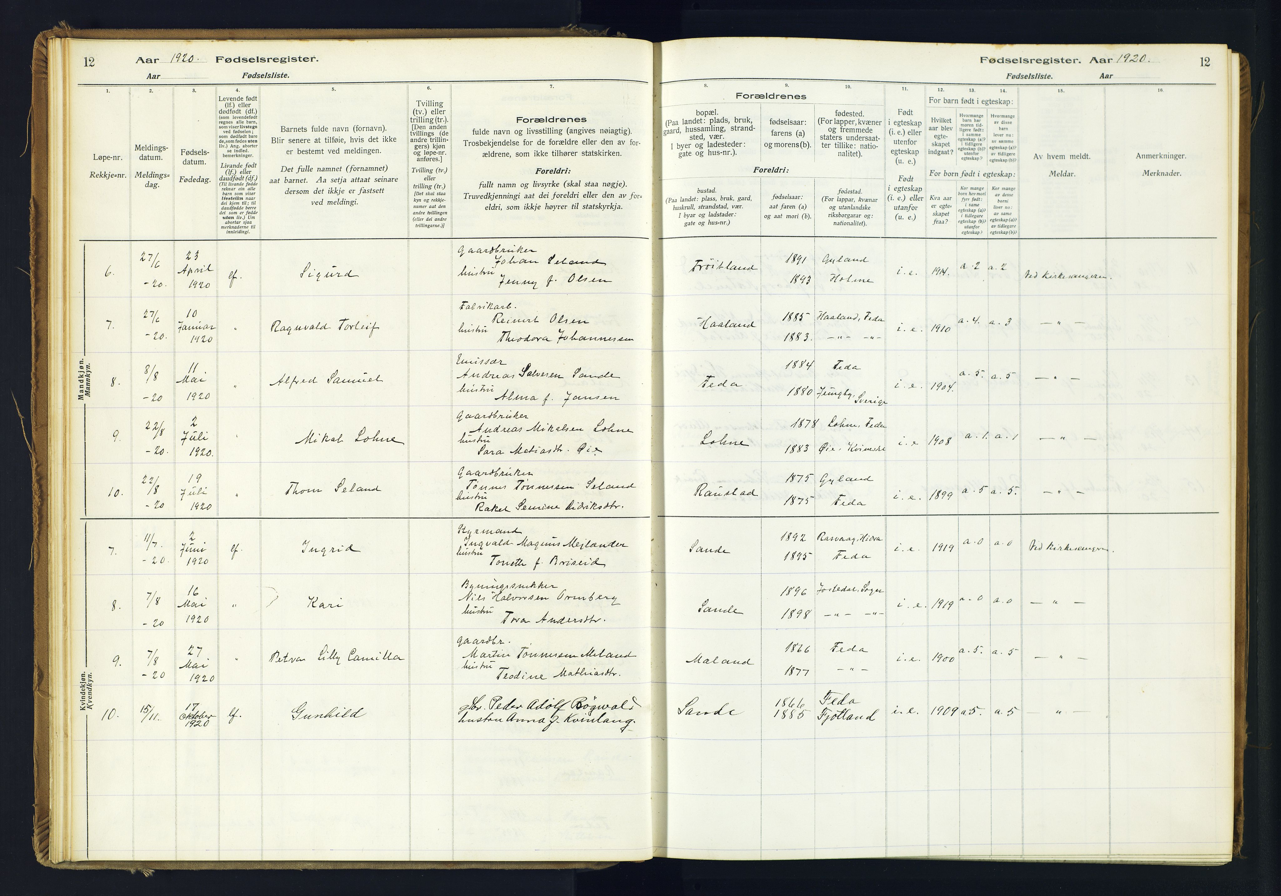 Kvinesdal sokneprestkontor, SAK/1111-0026/J/Ja/L0005: Birth register no. 5, 1916-1982, p. 12