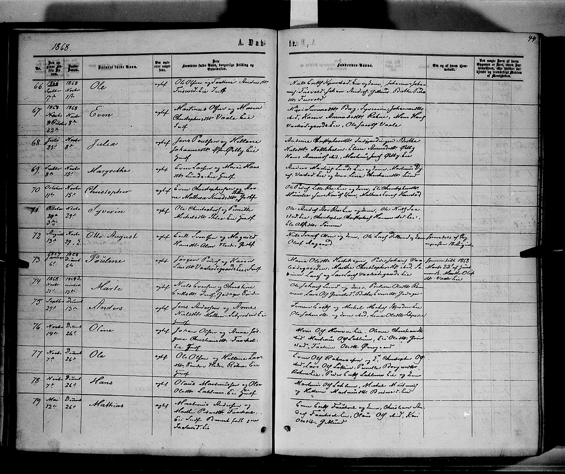 Stange prestekontor, SAH/PREST-002/K/L0013: Parish register (official) no. 13, 1862-1879, p. 44