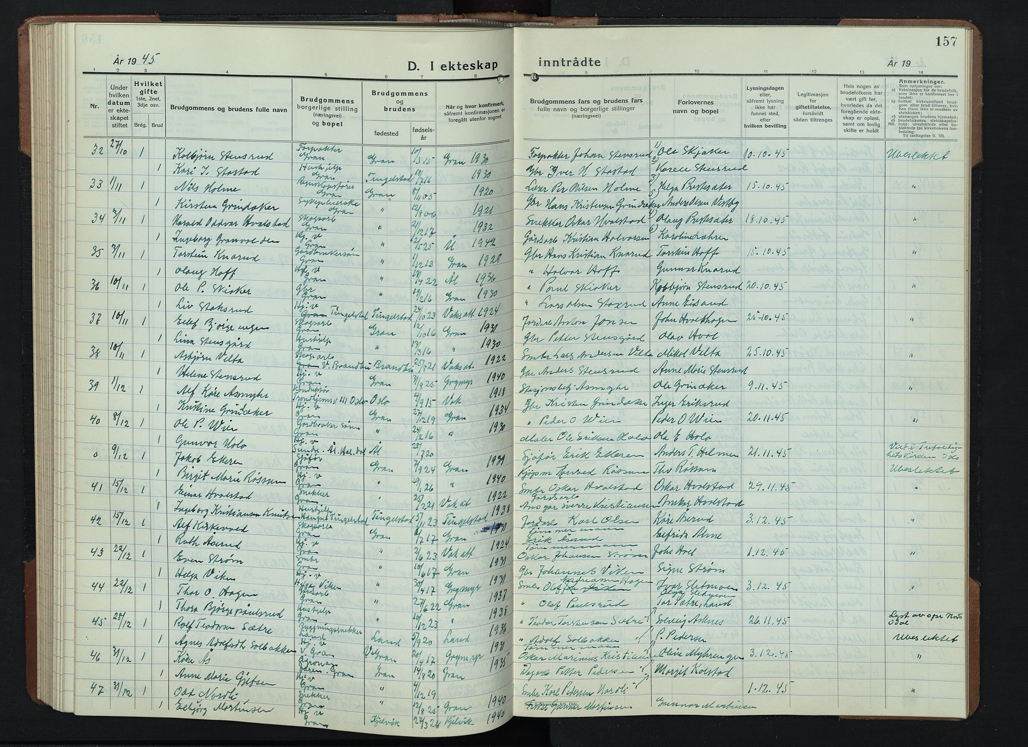 Gran prestekontor, SAH/PREST-112/H/Ha/Hab/L0009: Parish register (copy) no. 9, 1933-1950, p. 157