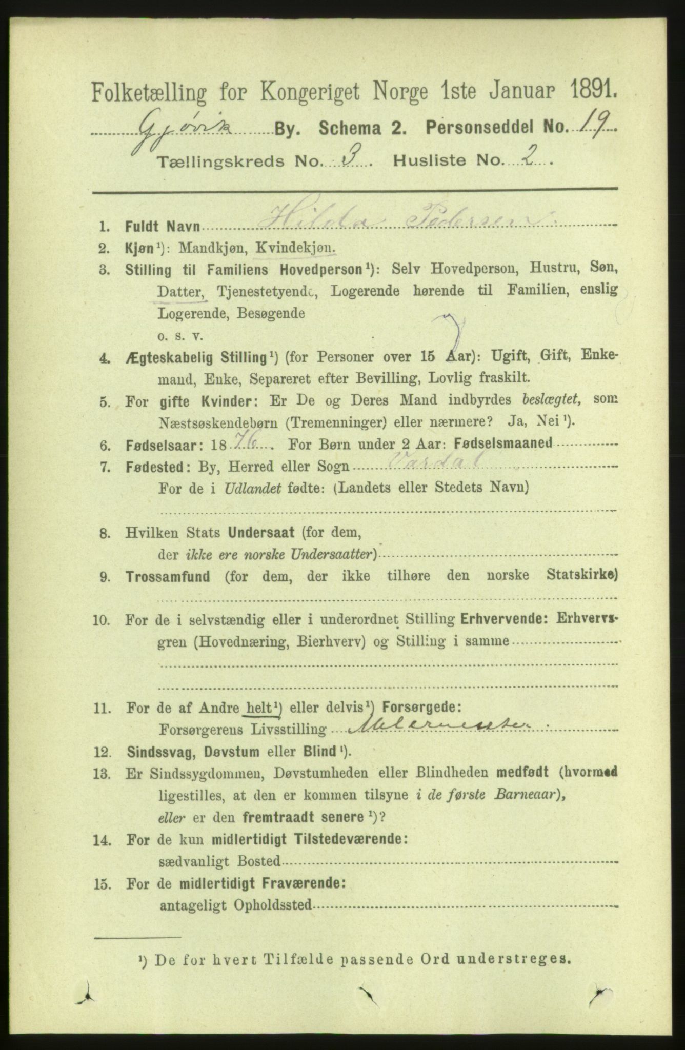 RA, 1891 census for 0502 Gjøvik, 1891, p. 1007