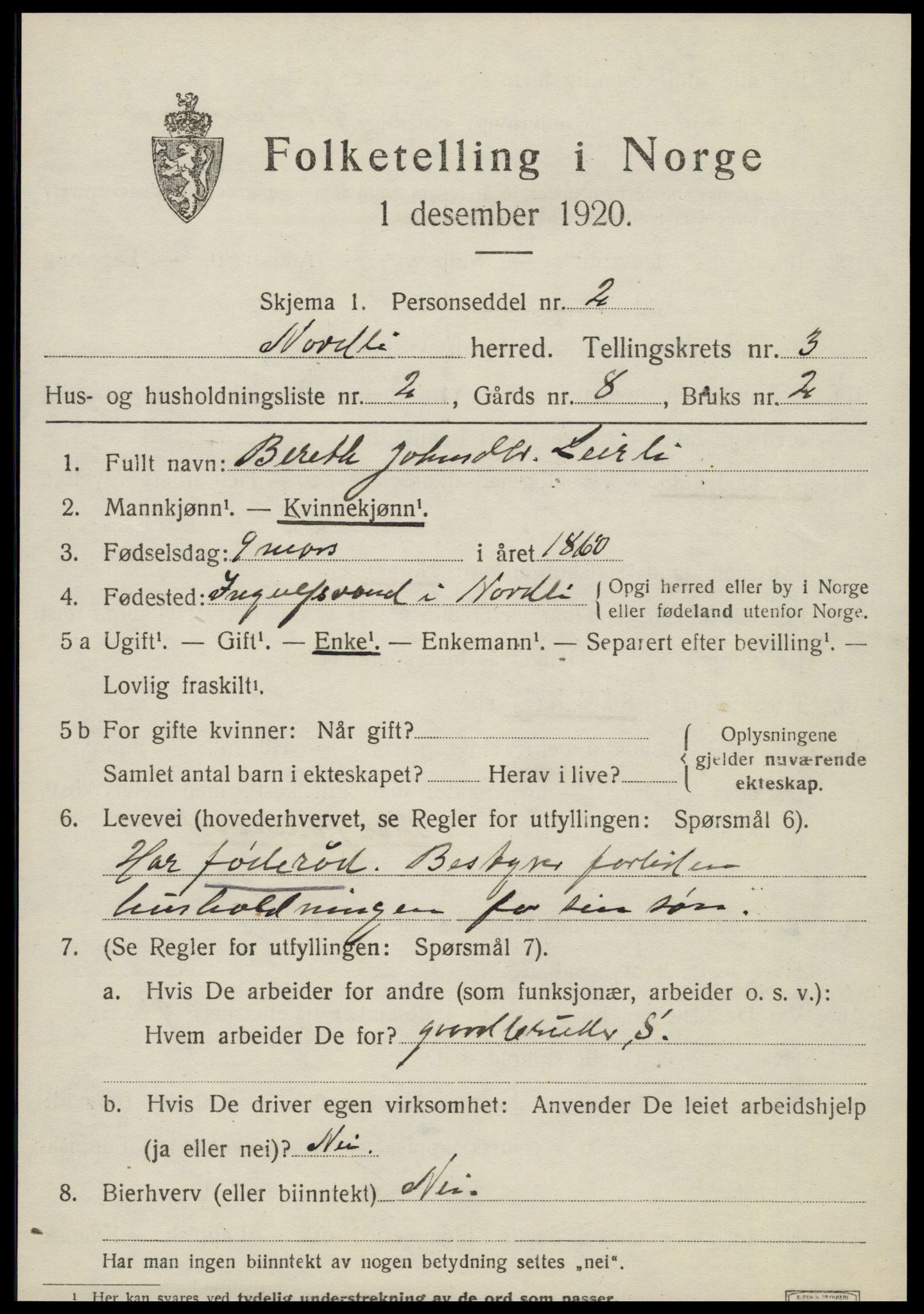 SAT, 1920 census for Nordli, 1920, p. 1423