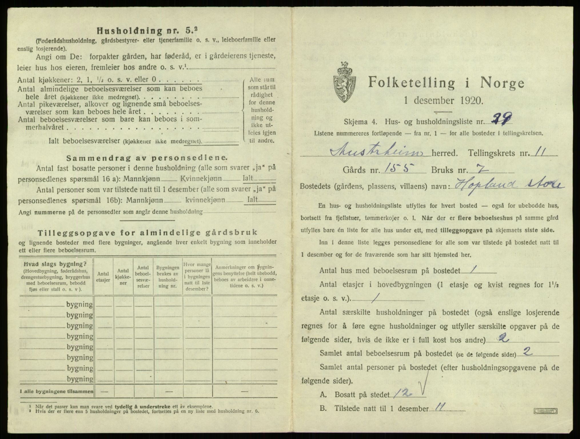 SAB, 1920 census for Austrheim, 1920, p. 587