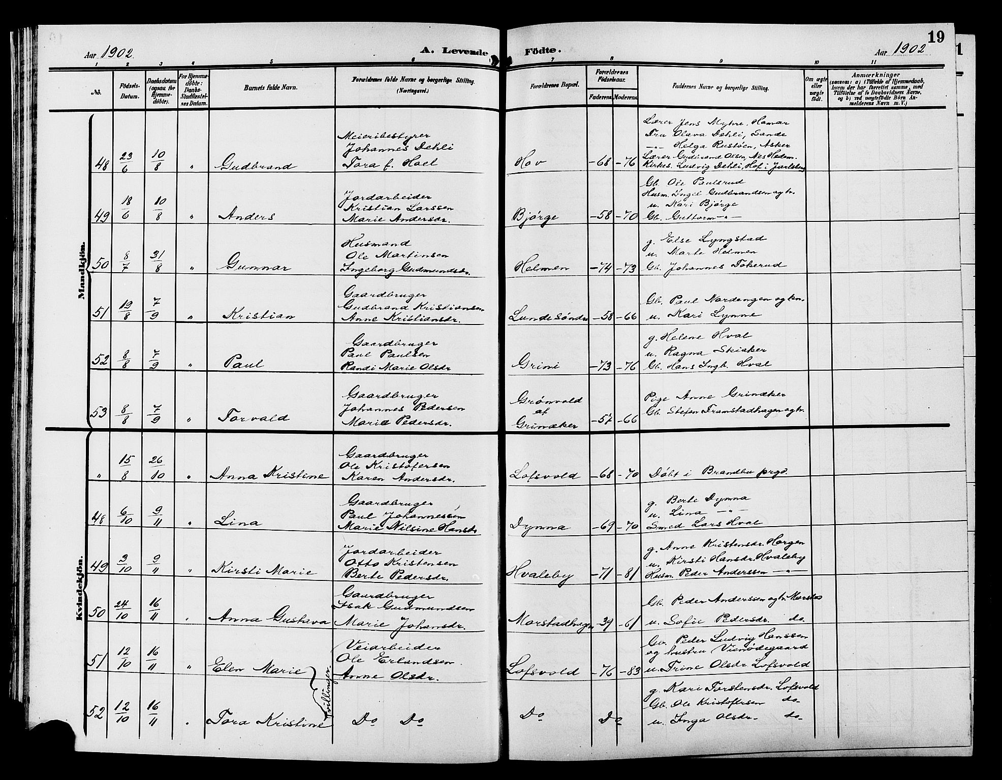 Gran prestekontor, AV/SAH-PREST-112/H/Ha/Hab/L0006: Parish register (copy) no. 6, 1901-1911, p. 19