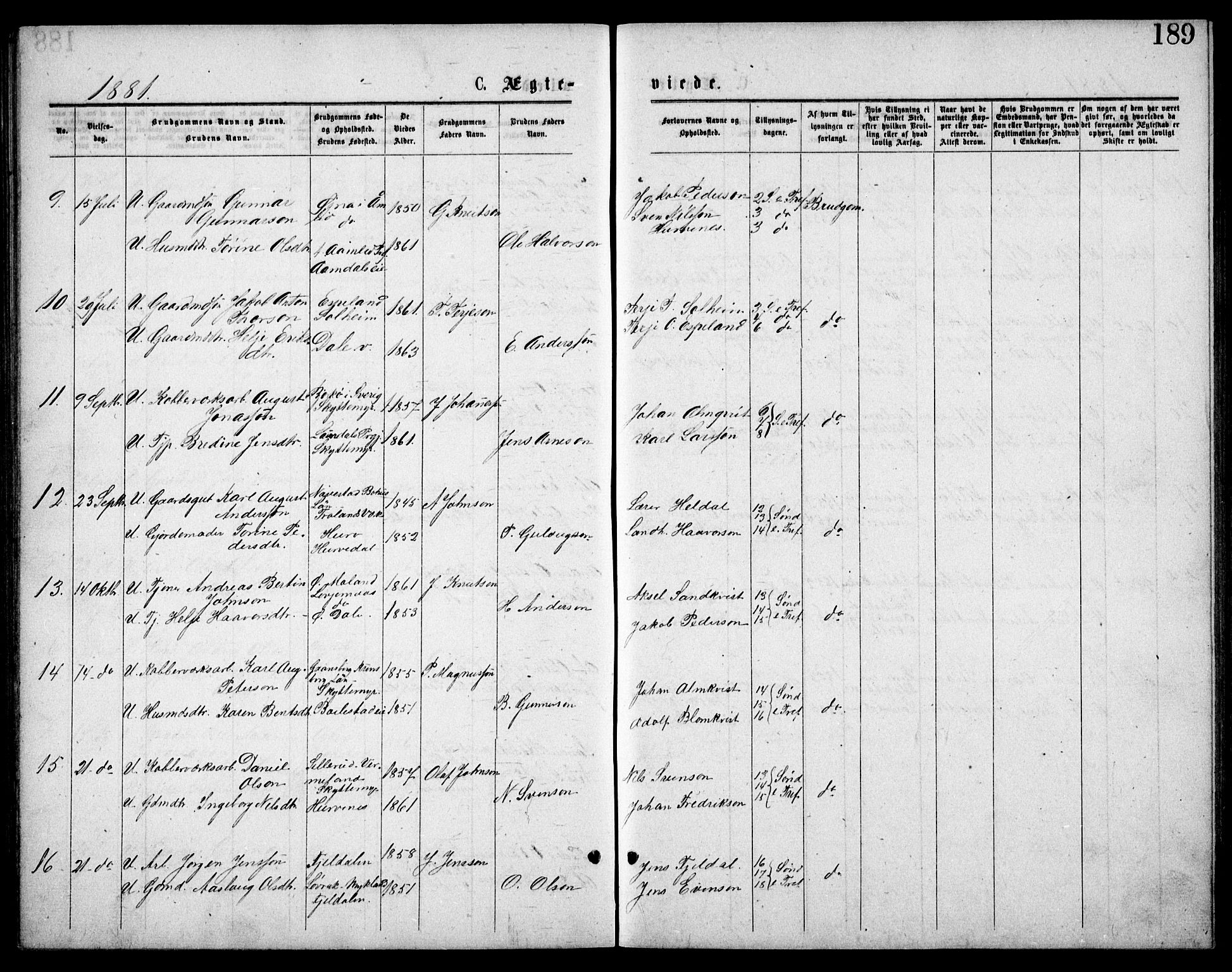 Froland sokneprestkontor, SAK/1111-0013/F/Fb/L0009: Parish register (copy) no. B 9, 1875-1893, p. 189