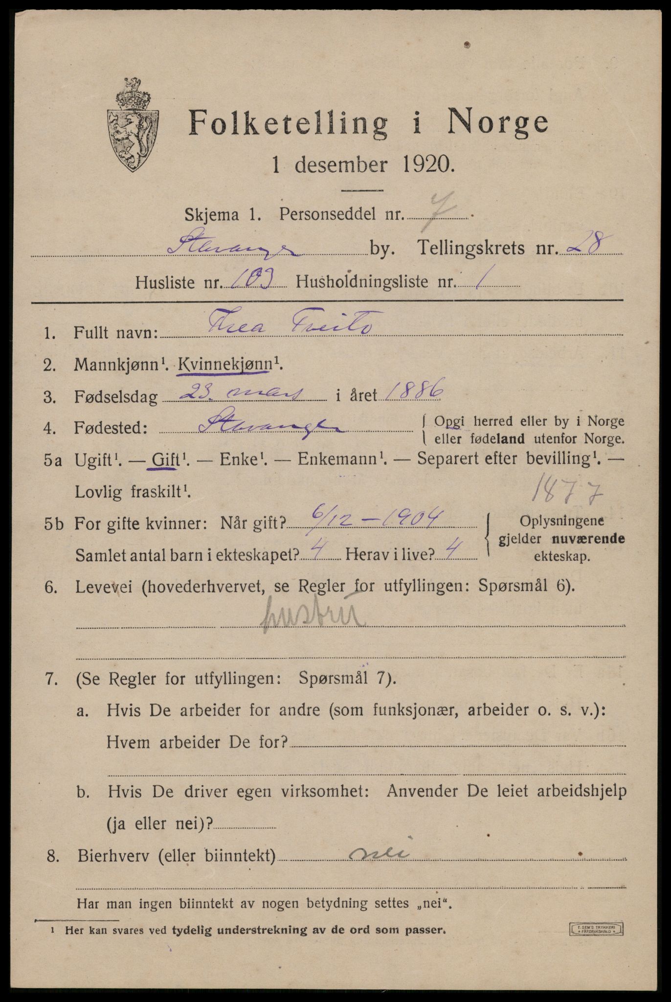 SAST, 1920 census for Stavanger, 1920, p. 82600