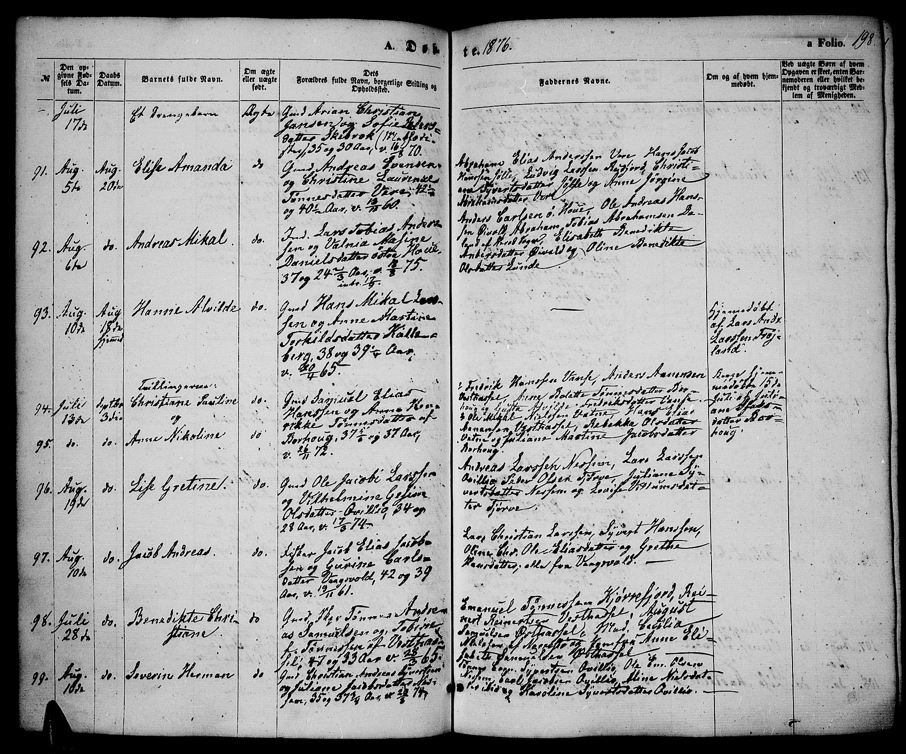 Lista sokneprestkontor, AV/SAK-1111-0027/F/Fb/L0003: Parish register (copy) no. B 3, 1862-1877, p. 198