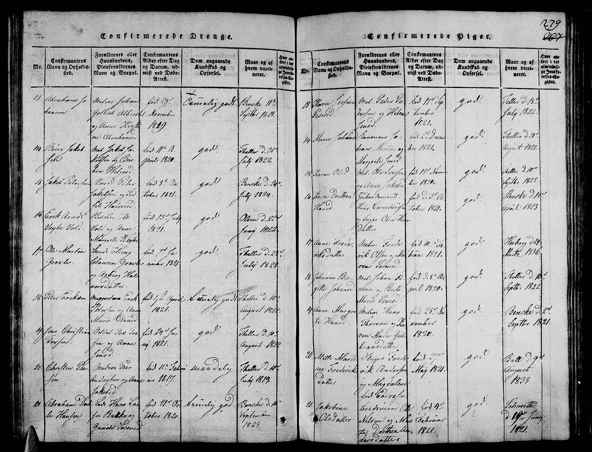 Stavern kirkebøker, SAKO/A-318/G/Ga/L0001: Parish register (copy) no. 1, 1817-1841, p. 279