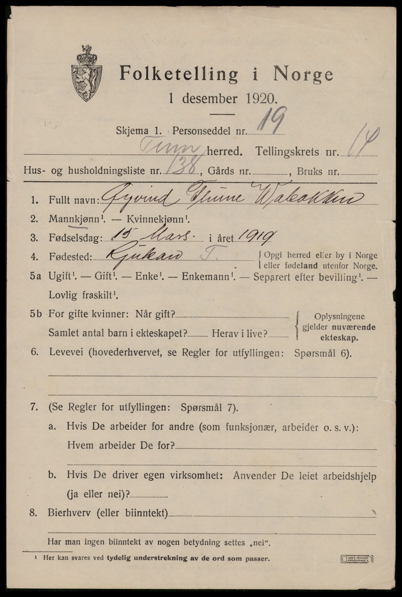 SAKO, 1920 census for Tinn, 1920, p. 12458