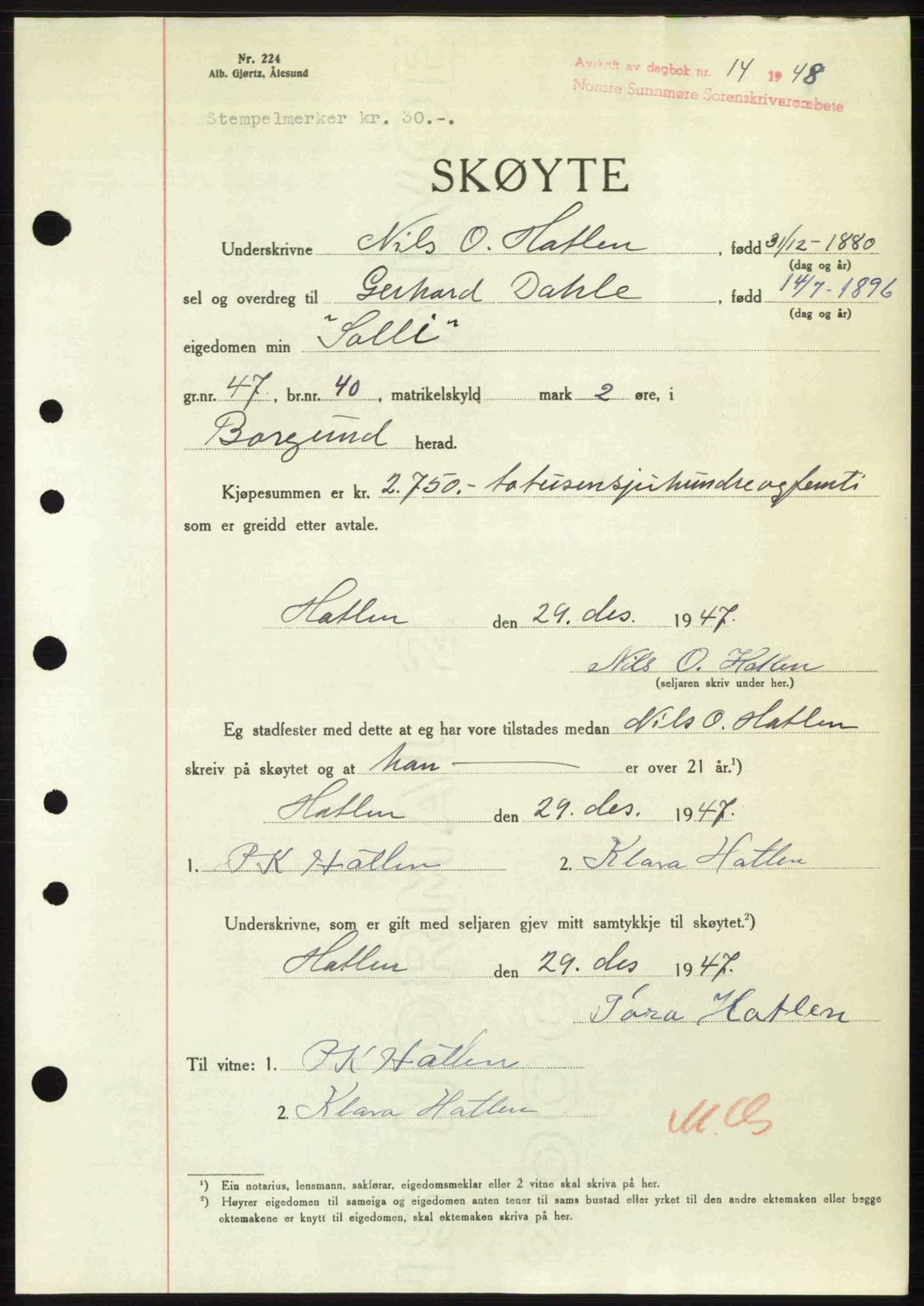 Nordre Sunnmøre sorenskriveri, AV/SAT-A-0006/1/2/2C/2Ca: Mortgage book no. A26, 1947-1948, Diary no: : 14/1948