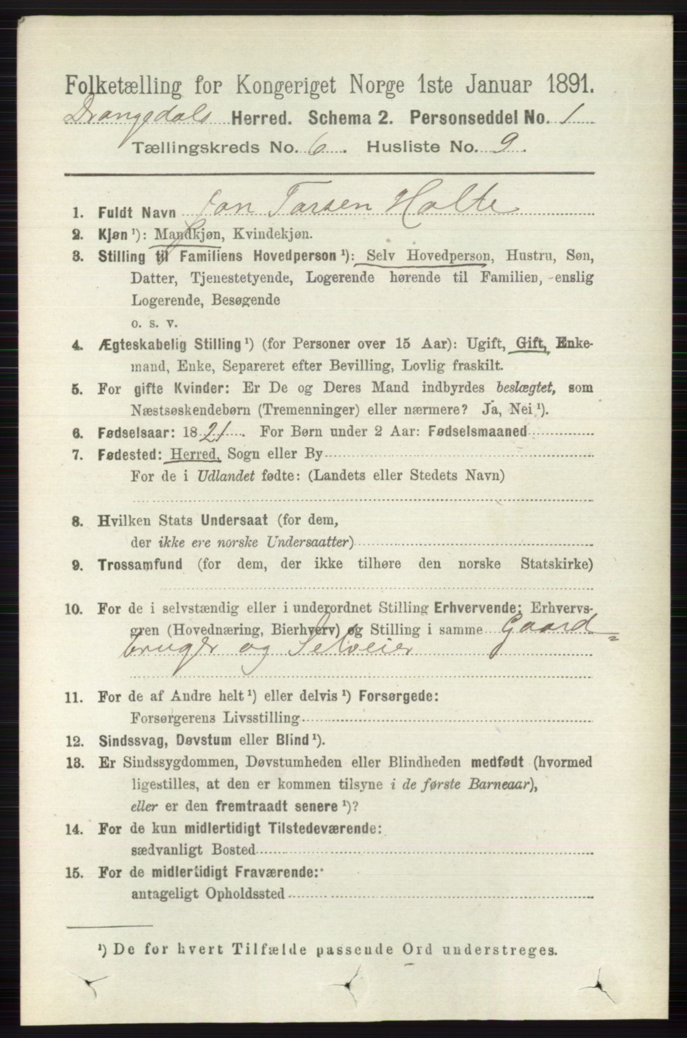 RA, 1891 census for 0817 Drangedal, 1891, p. 2051