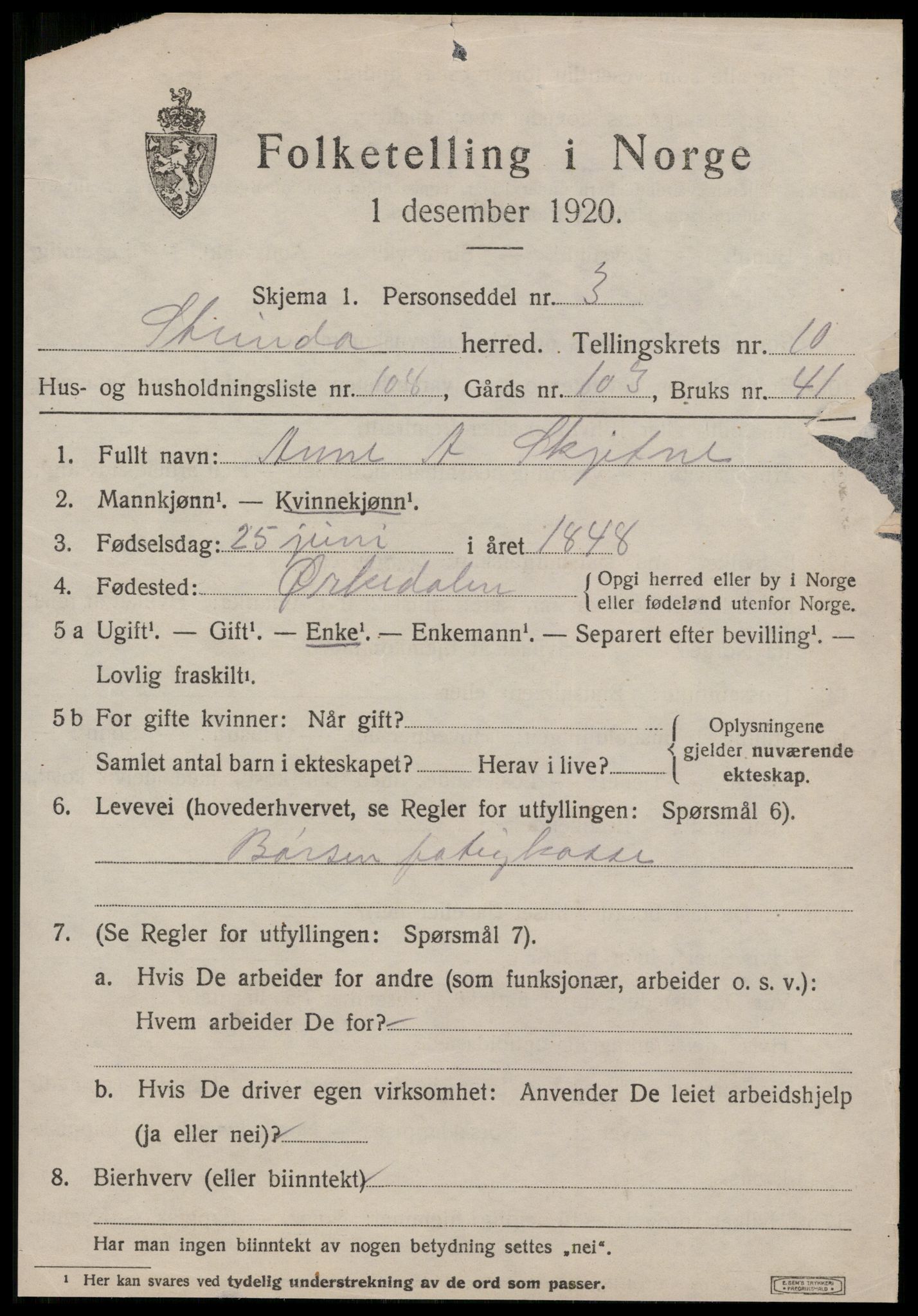 SAT, 1920 census for Strinda, 1920, p. 25564