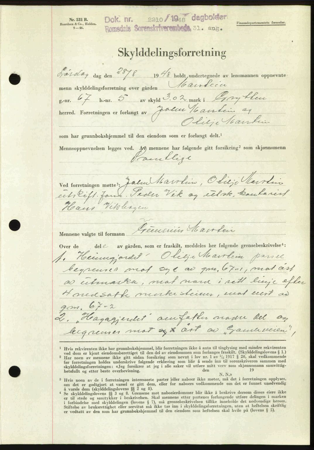 Romsdal sorenskriveri, AV/SAT-A-4149/1/2/2C: Mortgage book no. A27, 1948-1948, Diary no: : 2210/1948