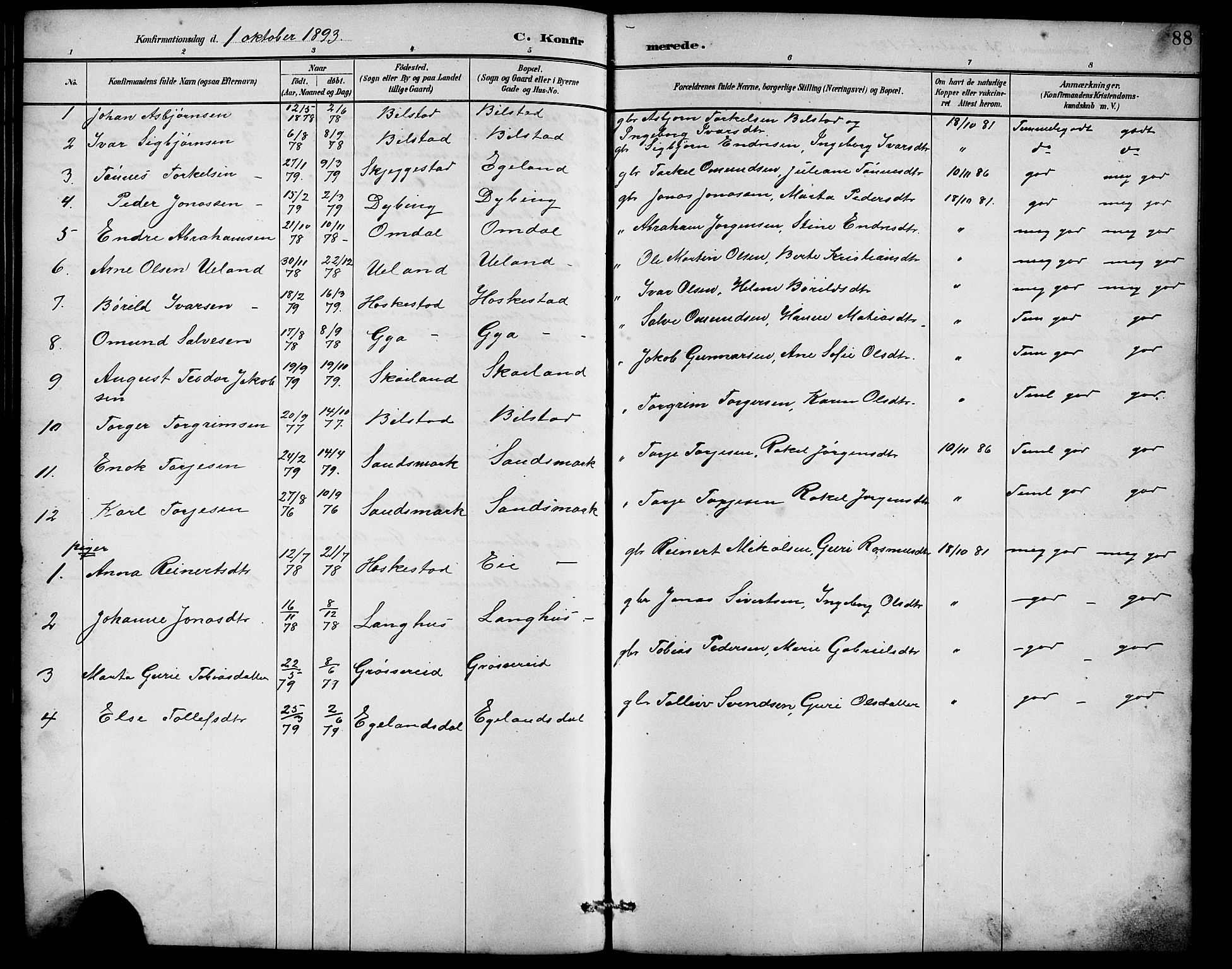 Lund sokneprestkontor, SAST/A-101809/S07/L0007: Parish register (copy) no. B 7, 1890-1925, p. 88