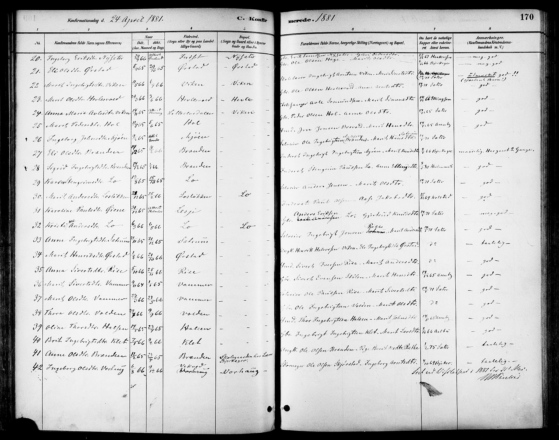 Ministerialprotokoller, klokkerbøker og fødselsregistre - Sør-Trøndelag, AV/SAT-A-1456/678/L0901: Parish register (official) no. 678A10, 1881-1894, p. 170