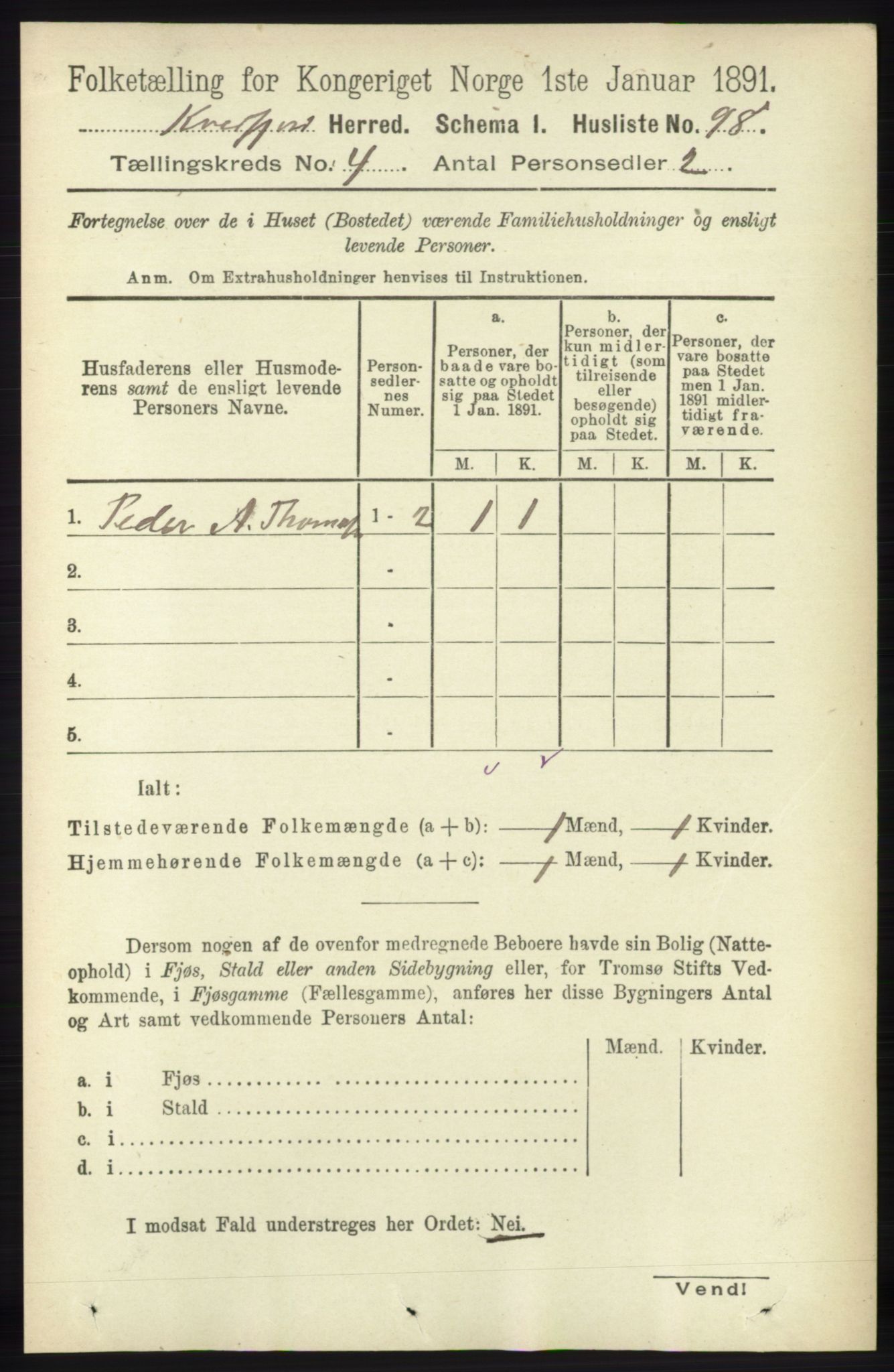 RA, 1891 census for 1911 Kvæfjord, 1891, p. 1848