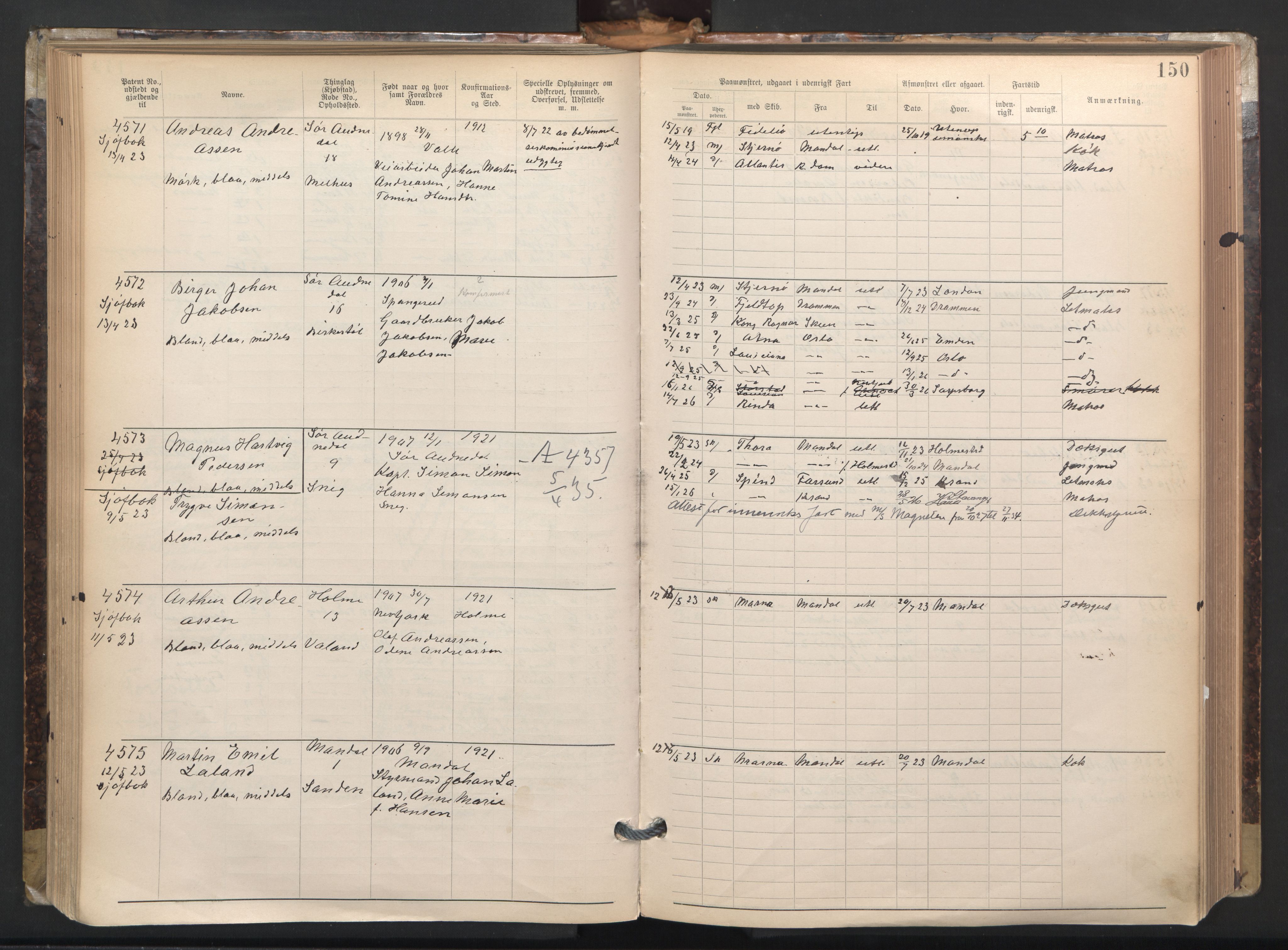 Mandal mønstringskrets, AV/SAK-2031-0016/F/Fa/L0003: Annotasjonsrulle nr 3831-4730 med register, L-5, 1900-1948, p. 174