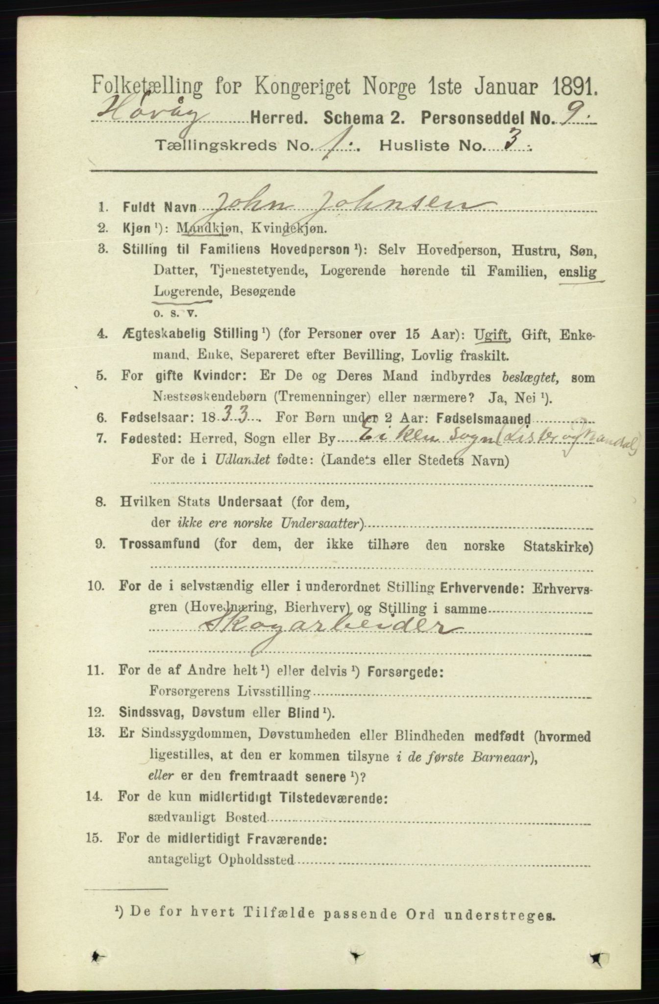 RA, 1891 census for 0927 Høvåg, 1891, p. 105