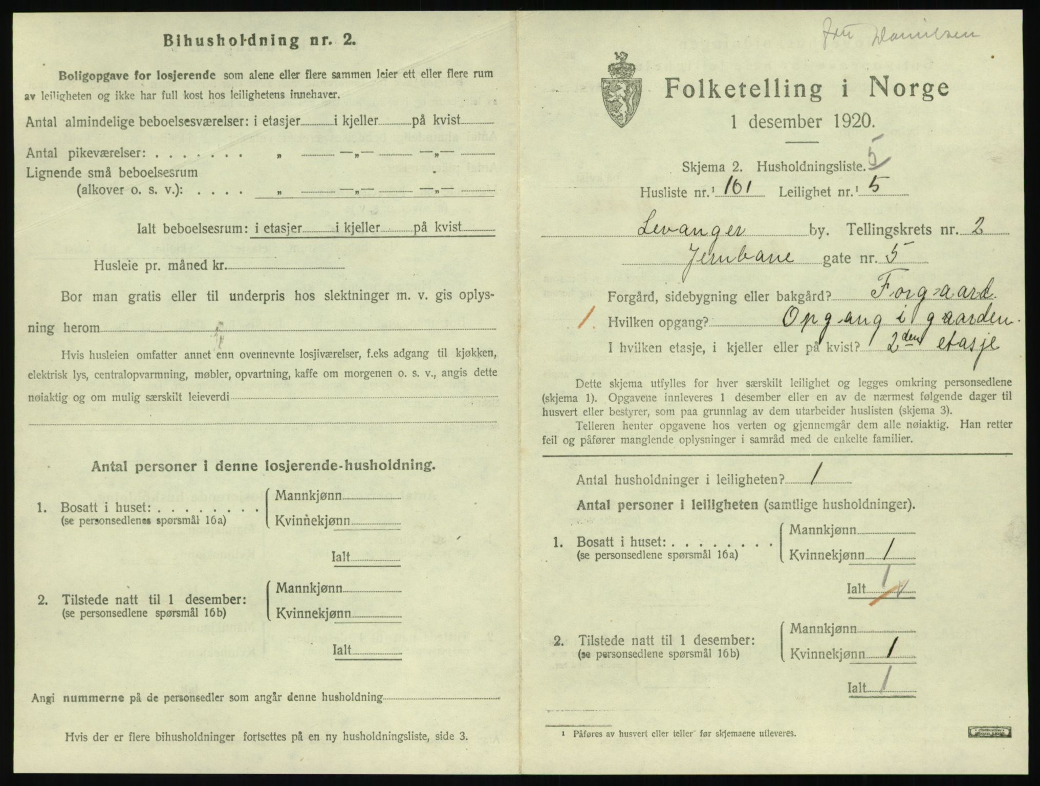 SAT, 1920 census for Levanger town, 1920, p. 1206