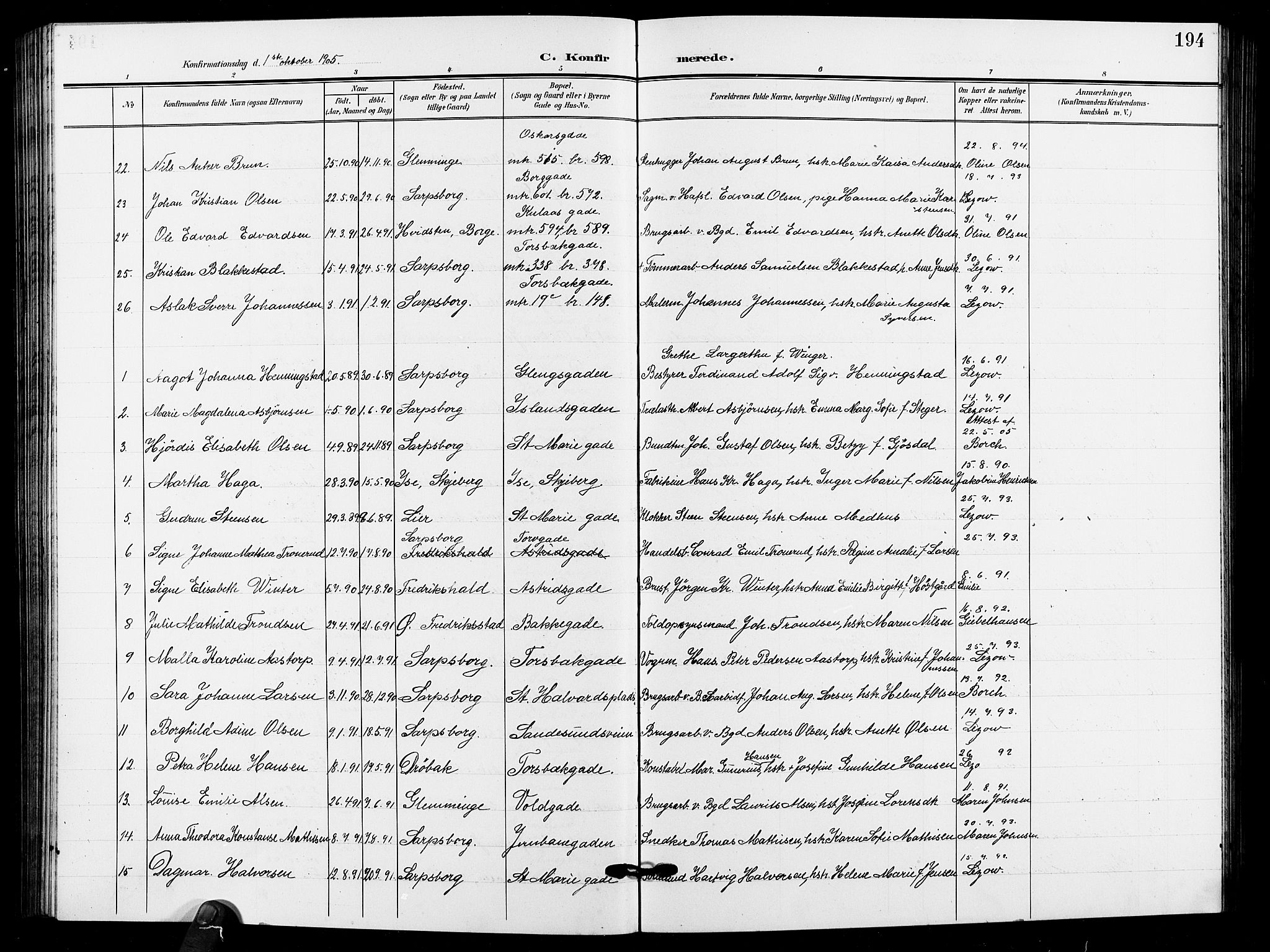 Sarpsborg prestekontor Kirkebøker, AV/SAO-A-2006/G/Ga/L0001: Parish register (copy) no. 1, 1902-1911, p. 194