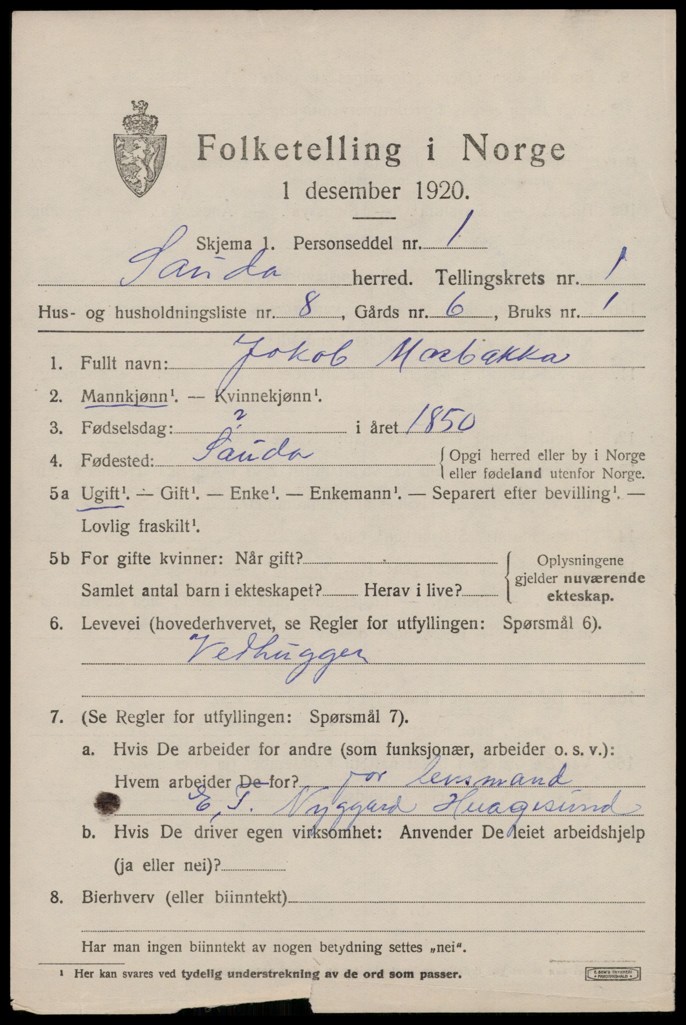 SAST, 1920 census for Sauda, 1920, p. 930