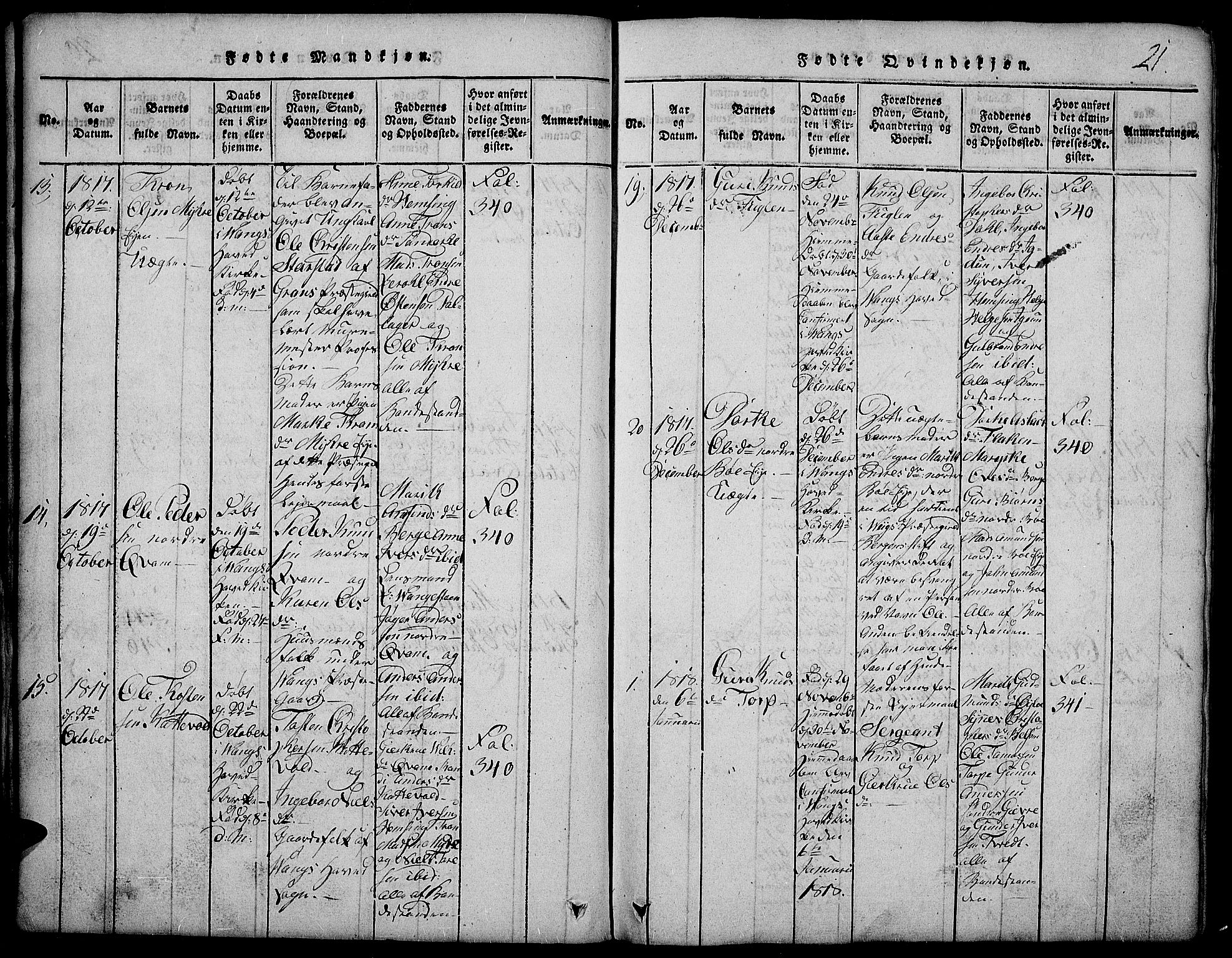 Vang prestekontor, Valdres, SAH/PREST-140/H/Hb/L0002: Parish register (copy) no. 2, 1814-1889, p. 21