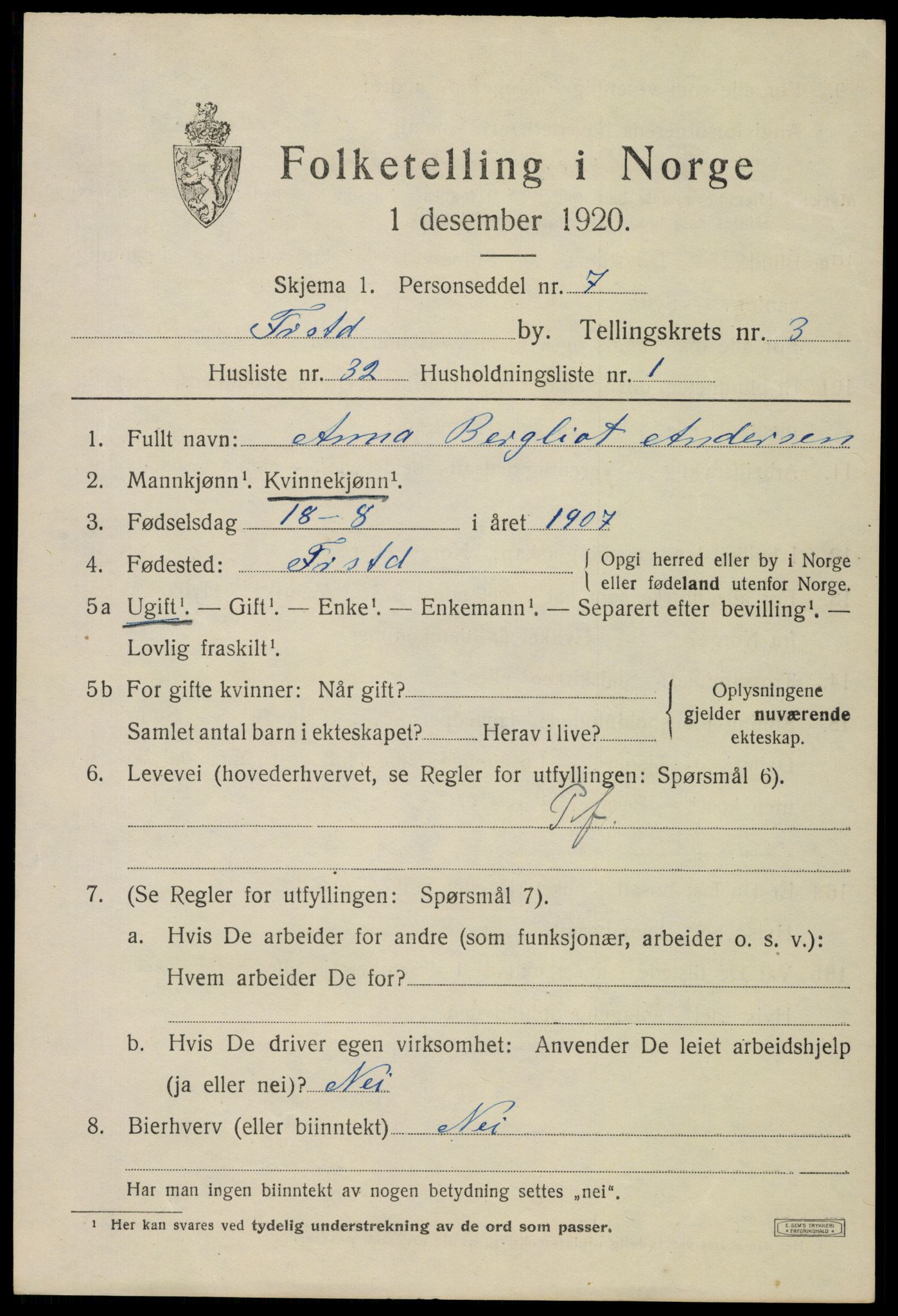 SAO, 1920 census for Fredrikstad, 1920, p. 15495