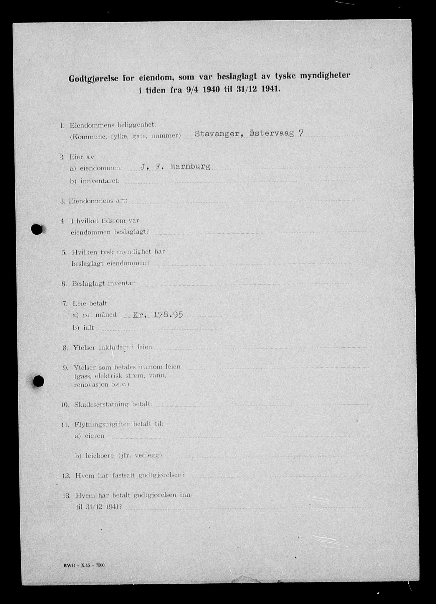 Justisdepartementet, Tilbakeføringskontoret for inndratte formuer, AV/RA-S-1564/I/L1014: Godtgjørelse for beslaglagt eiendom, 1940-1941, p. 79