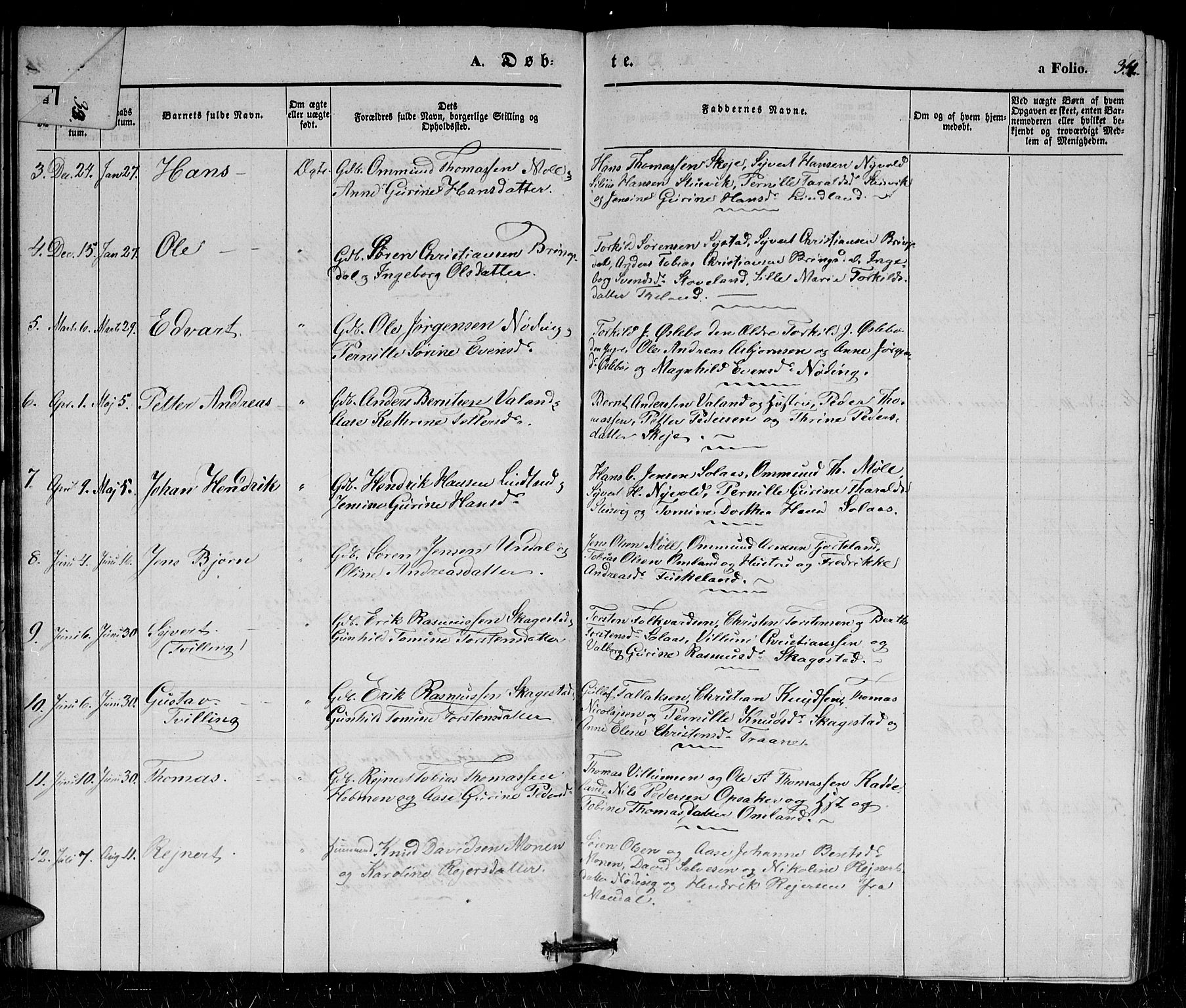 Holum sokneprestkontor, SAK/1111-0022/F/Fb/Fba/L0003: Parish register (copy) no. B 3, 1850-1866, p. 34