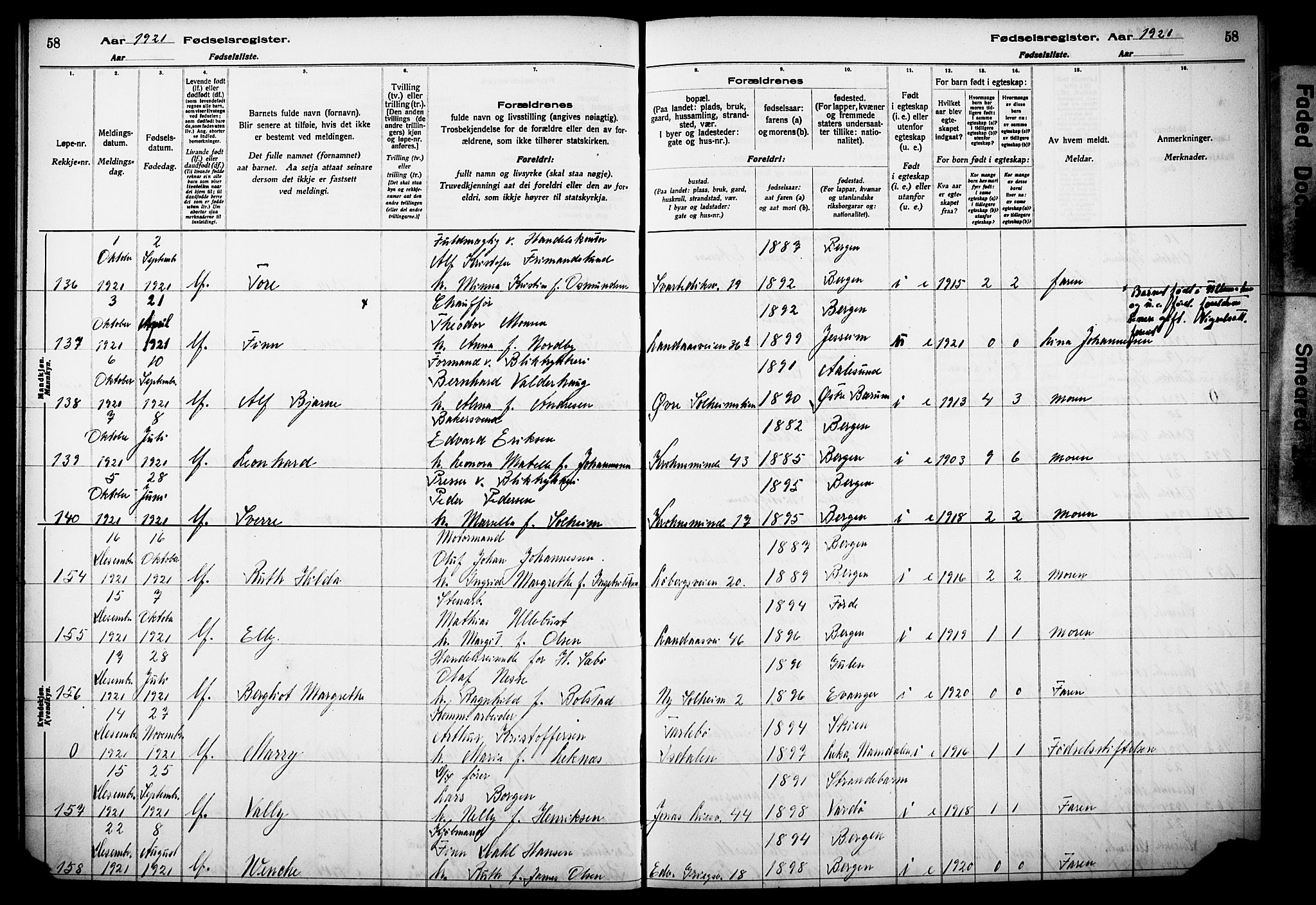 Årstad Sokneprestembete, AV/SAB-A-79301/I/Id/L0A02: Birth register no. A 2, 1920-1924, p. 58