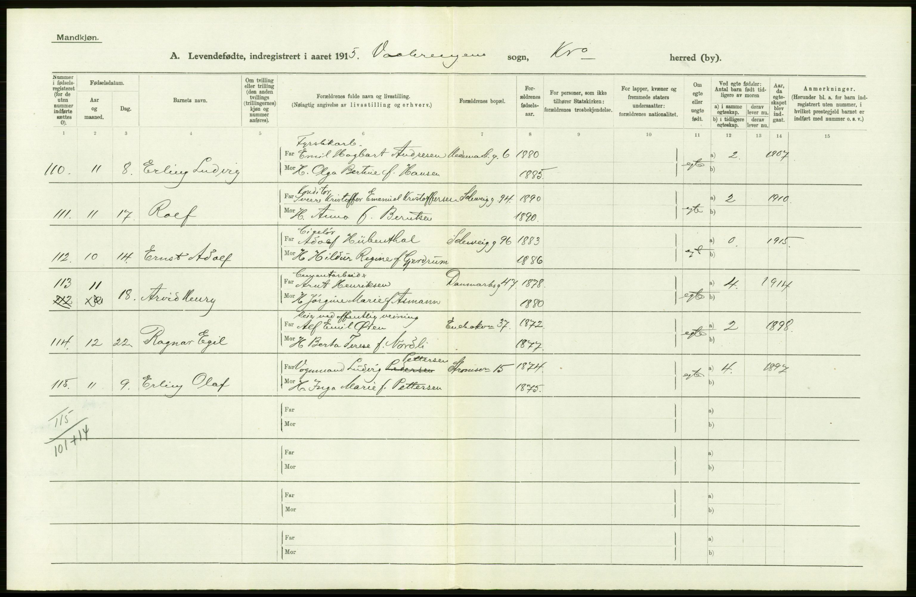 Statistisk sentralbyrå, Sosiodemografiske emner, Befolkning, RA/S-2228/D/Df/Dfb/Dfbe/L0006: Kristiania: Levendefødte menn og kvinner., 1915, p. 346