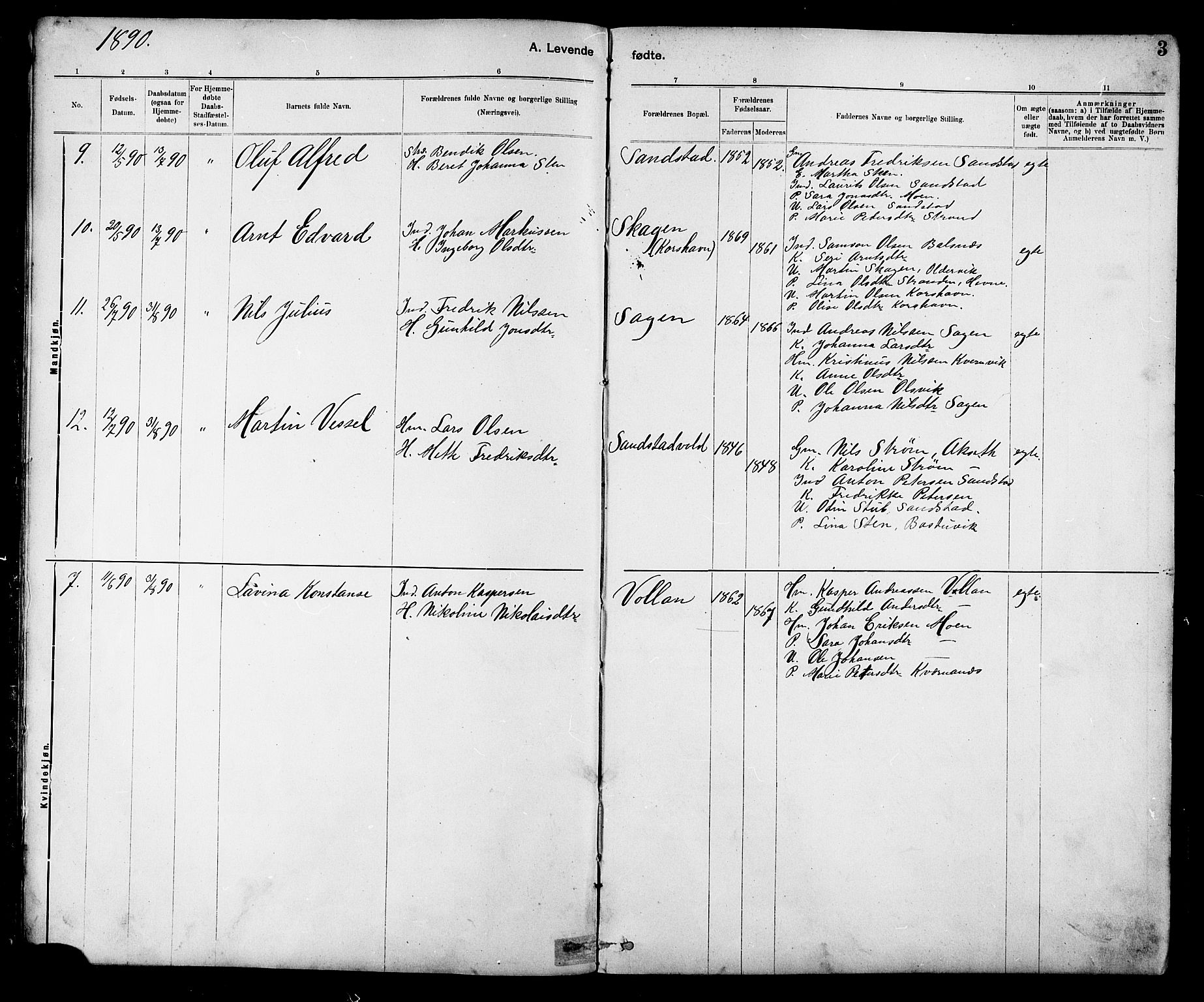 Ministerialprotokoller, klokkerbøker og fødselsregistre - Sør-Trøndelag, AV/SAT-A-1456/639/L0573: Parish register (copy) no. 639C01, 1890-1905, p. 3