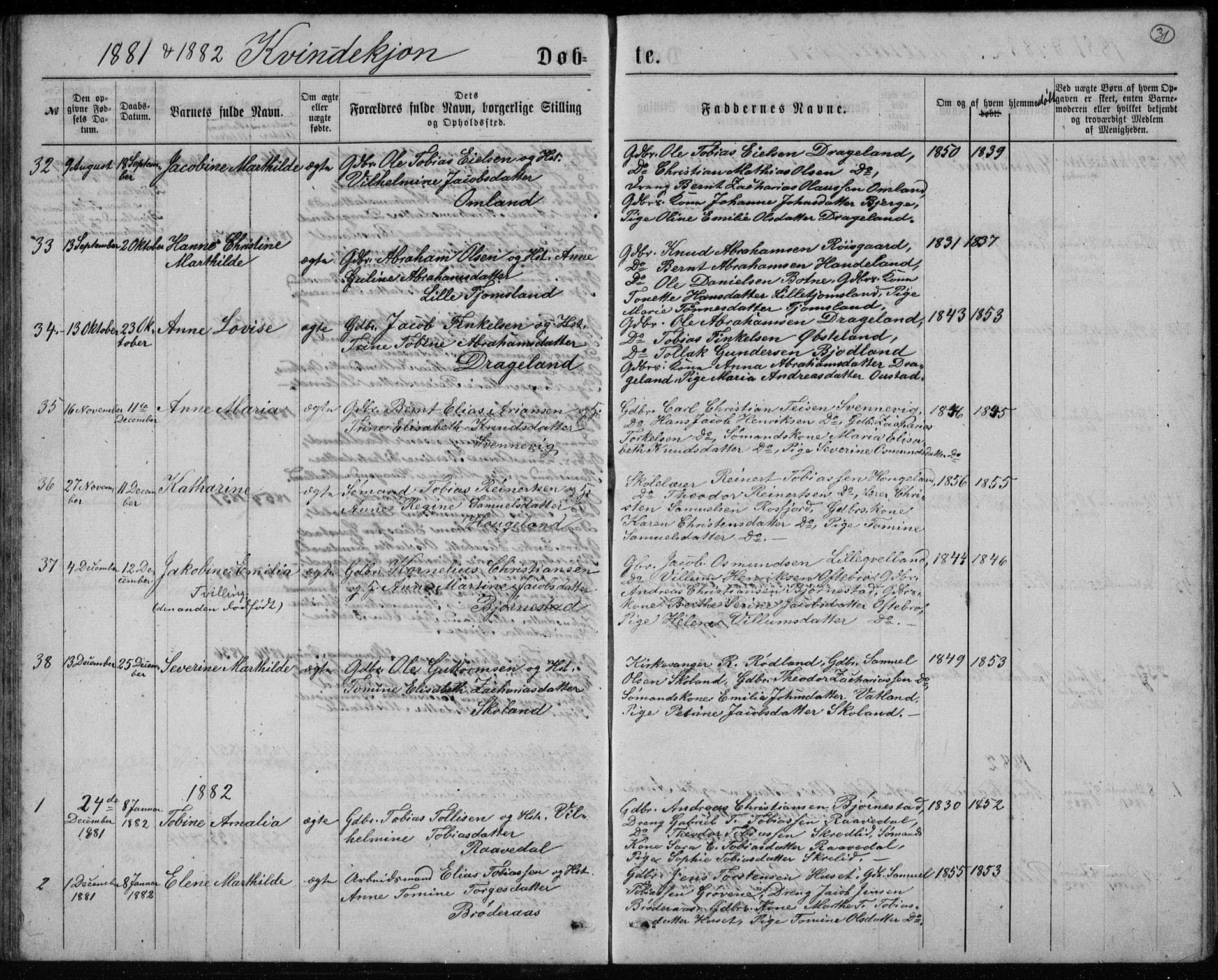 Lyngdal sokneprestkontor, SAK/1111-0029/F/Fb/Fbc/L0004: Parish register (copy) no. B 4, 1878-1896, p. 31