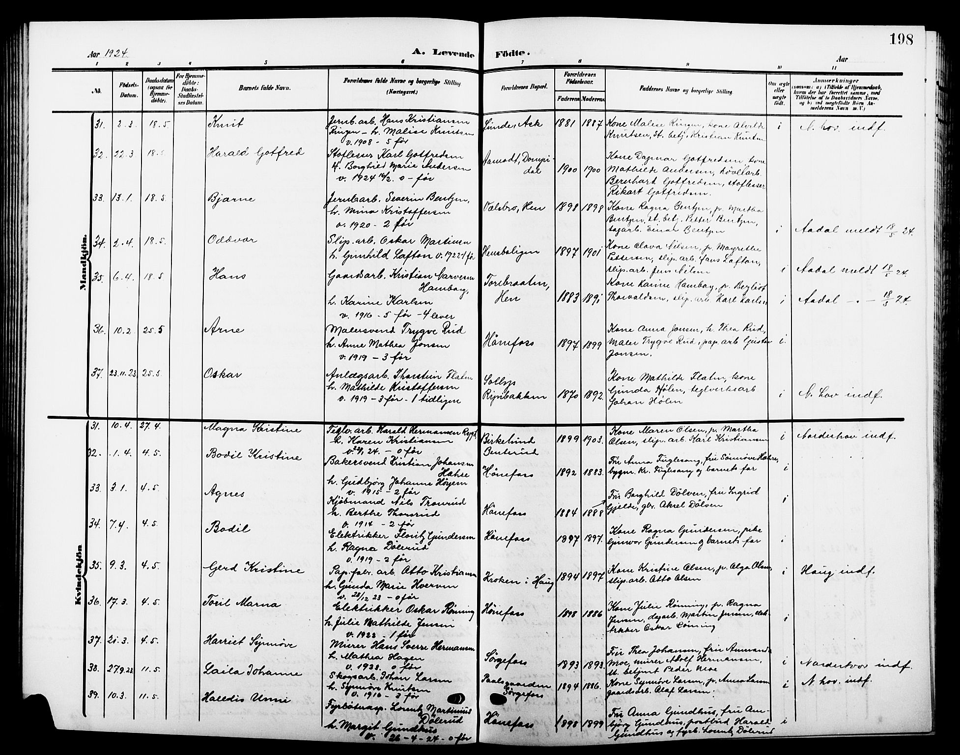 Hønefoss kirkebøker, AV/SAKO-A-609/G/Ga/L0003: Parish register (copy) no. 3, 1905-1925, p. 198