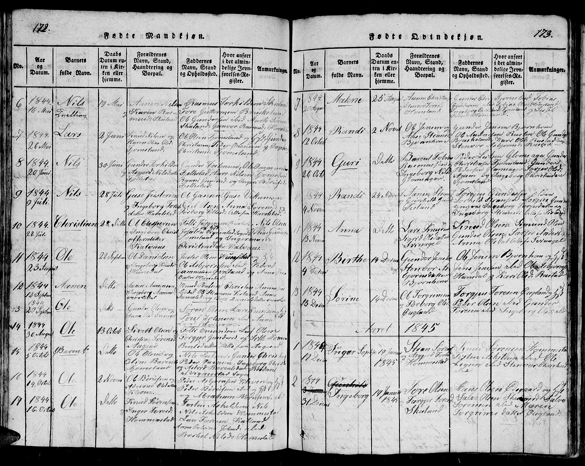 Holum sokneprestkontor, AV/SAK-1111-0022/F/Fb/Fbb/L0001: Parish register (copy) no. B 1, 1820-1847, p. 172-173