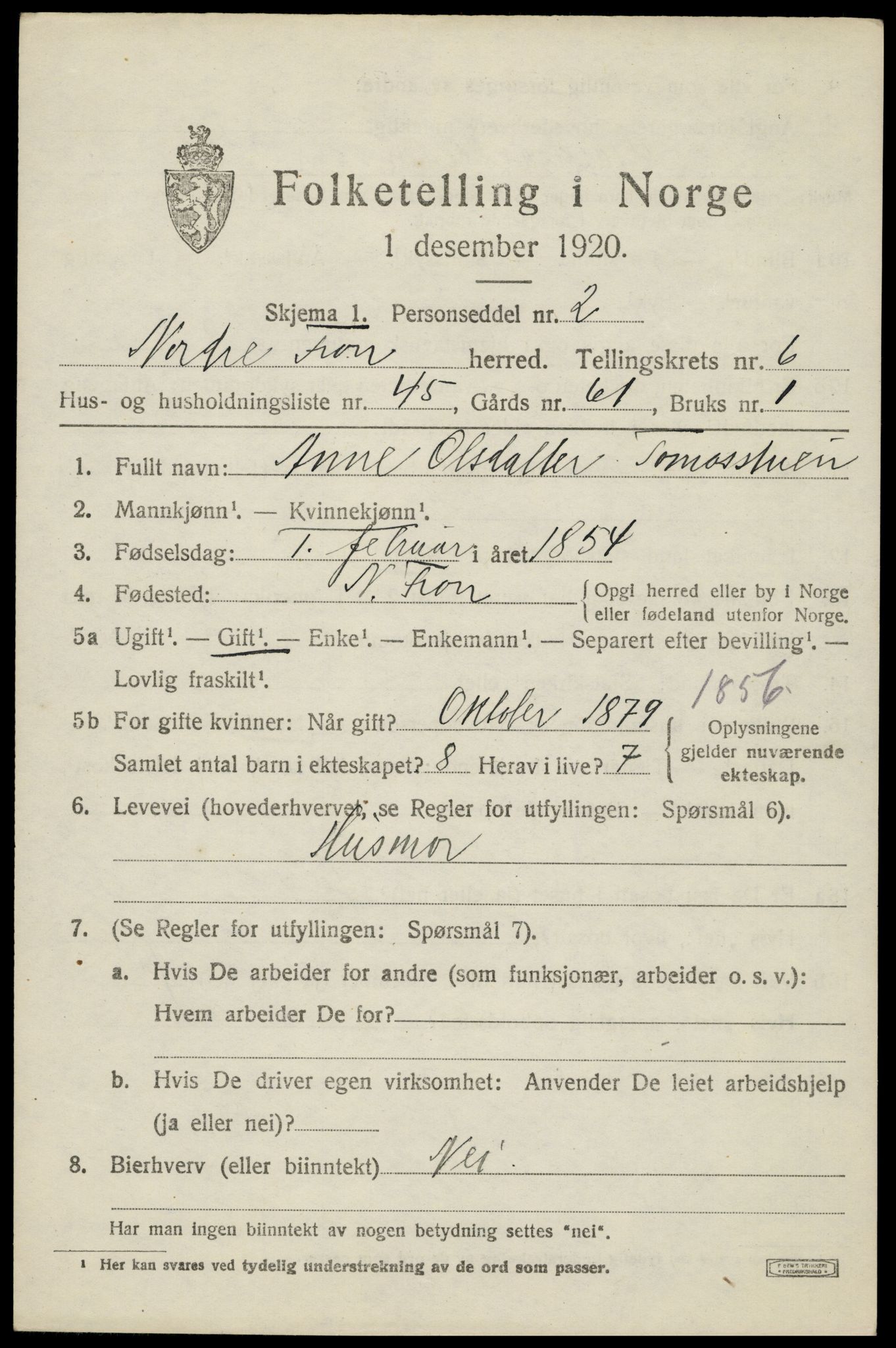 SAH, 1920 census for Nord-Fron, 1920, p. 5870